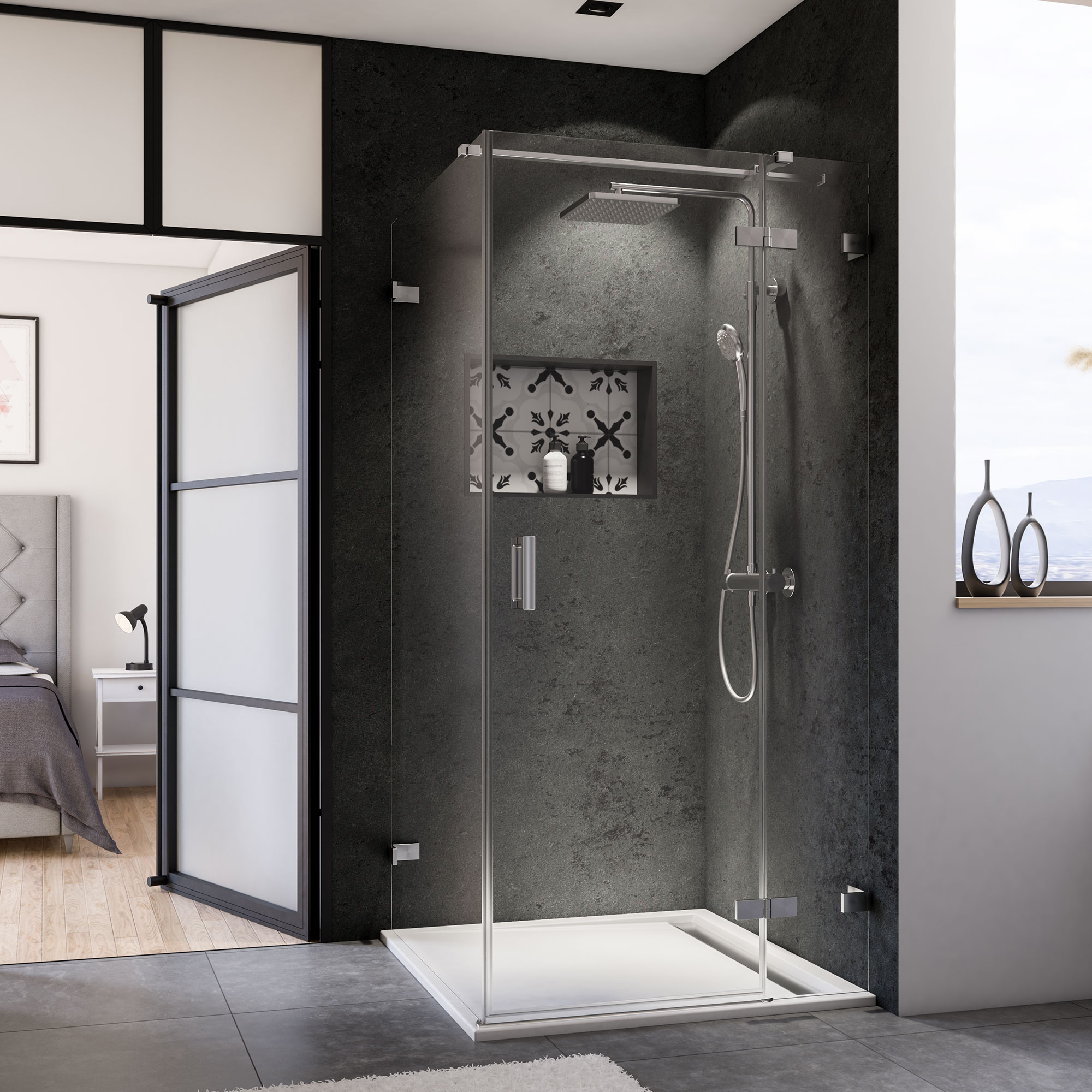 Panorama Seitenwand links für Drehtür mit Festteil, rahmenlos, Innenwinkel