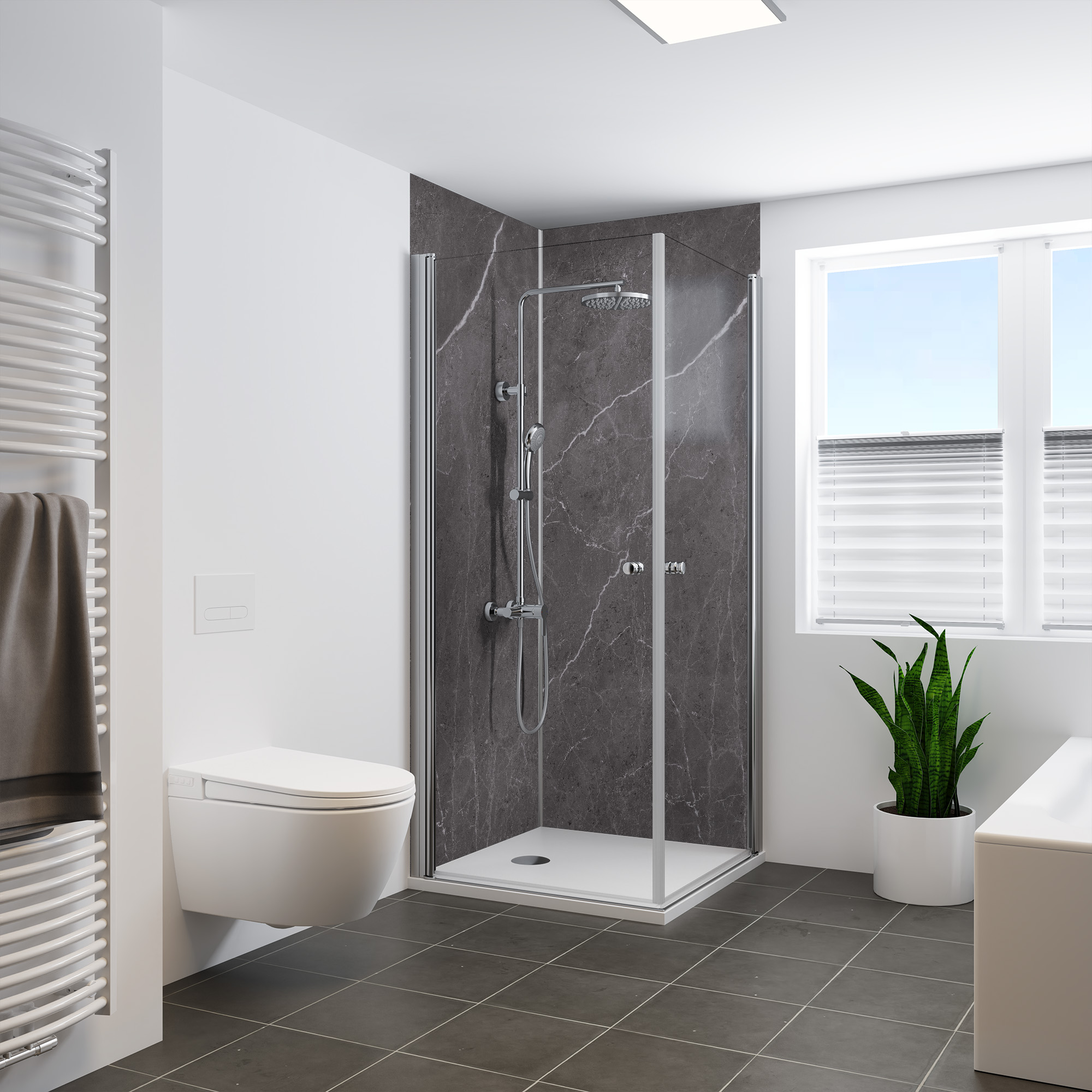 Seidenmatt Marmor Anthrazit-Weiß, Dusche in Ecke