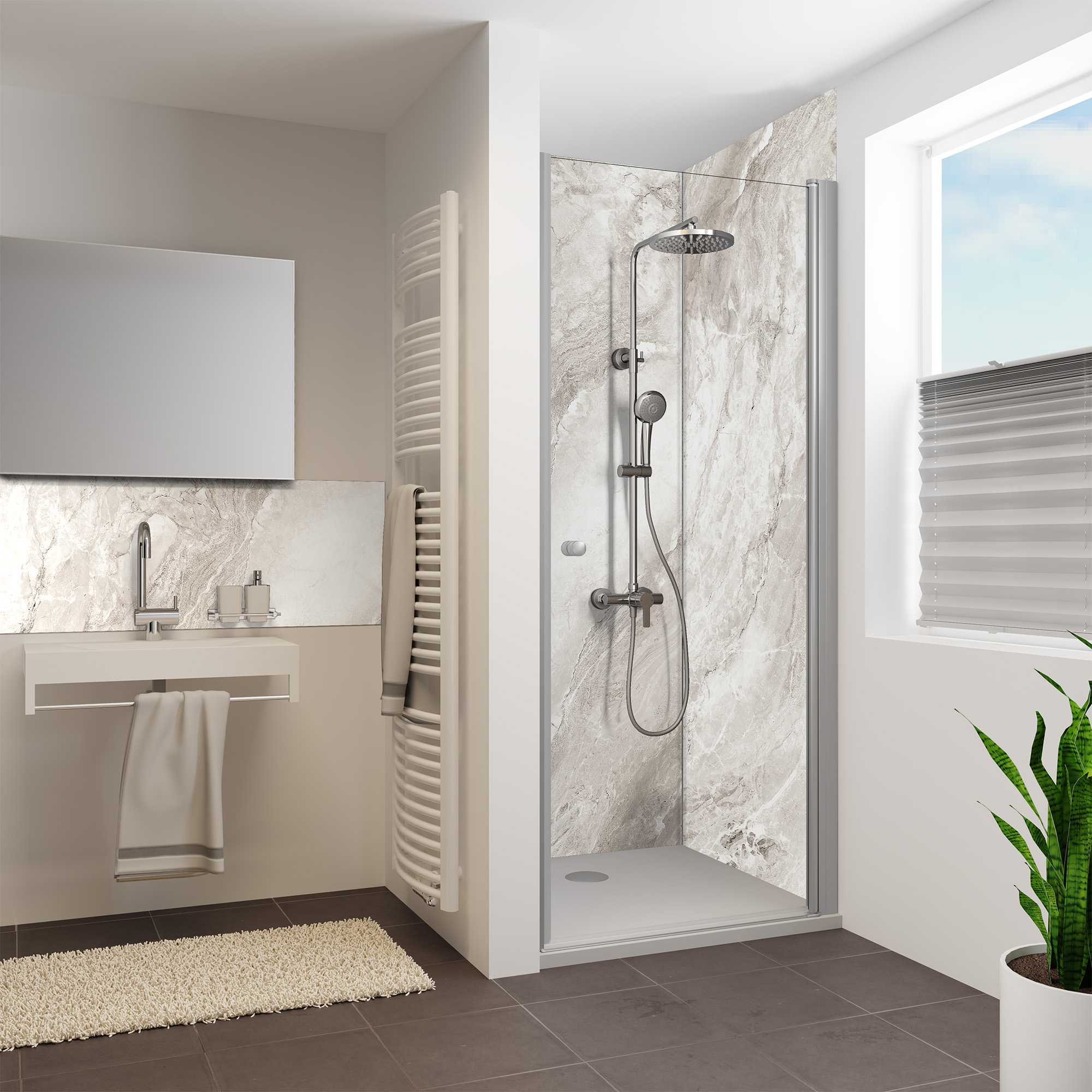 Duschrückwand Seidenmatt Onyxmarmor Grau Nische