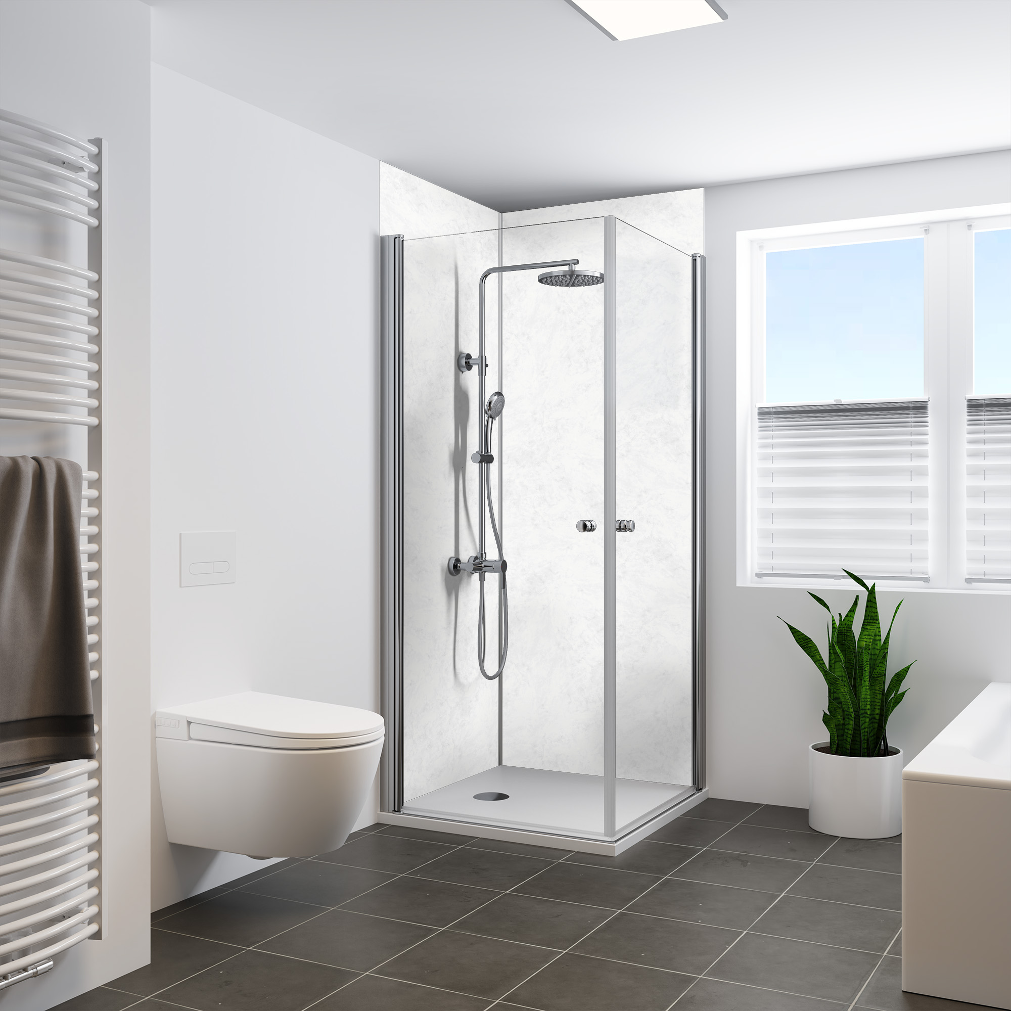 QUICK 72 - Rückwand Seidenmatt Stein weiß, Eckeinstieg