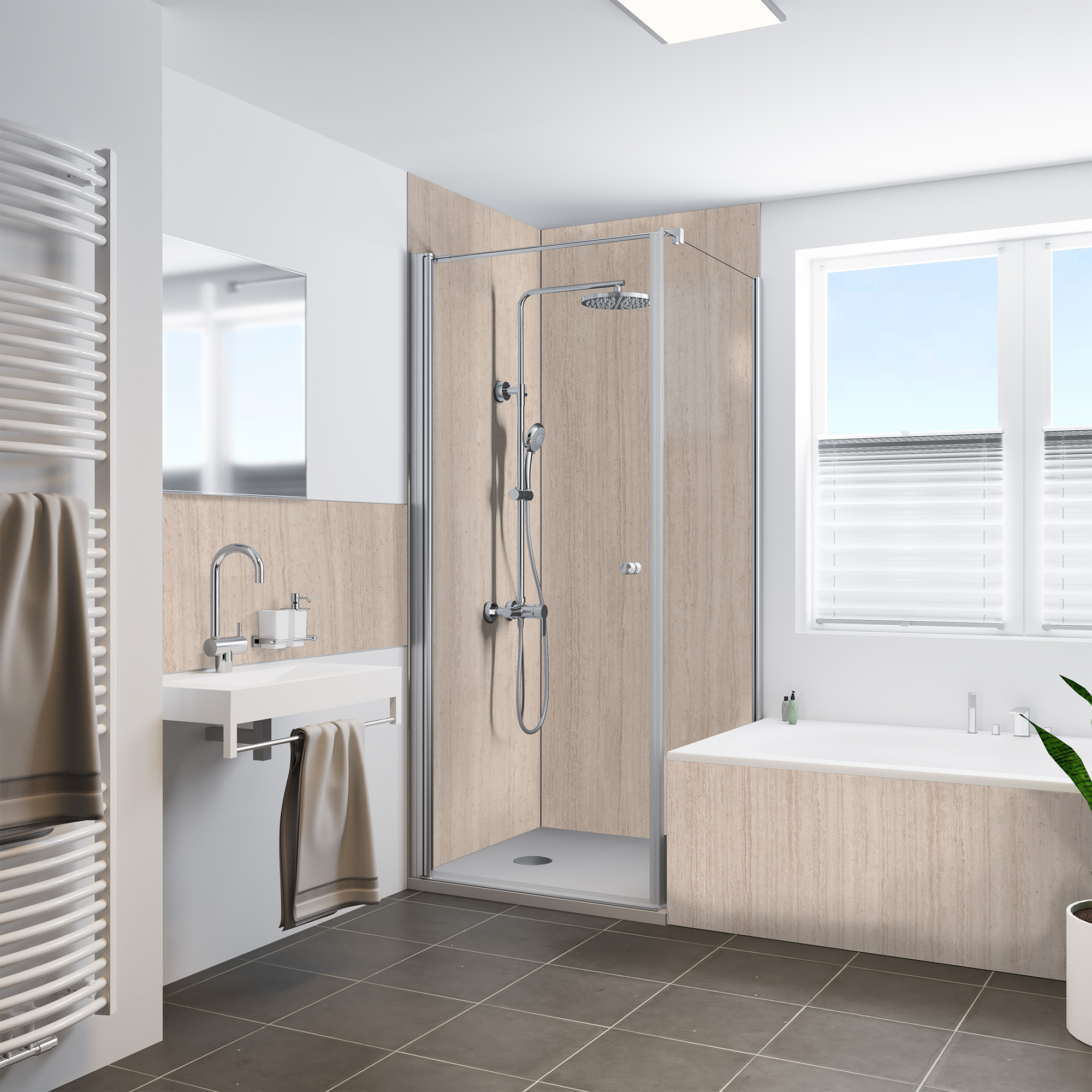 Duschrückwand Steinstruktur Travertin Sand Dusche+WC