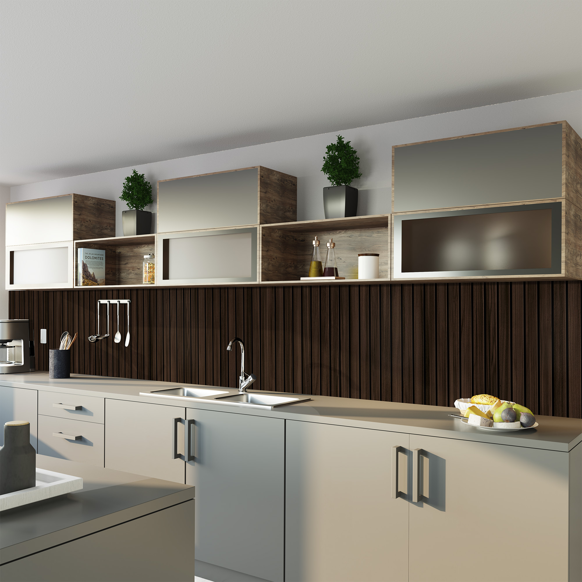 Duschrückwand Holzstruktur Scandi vertikal dunkel Küche