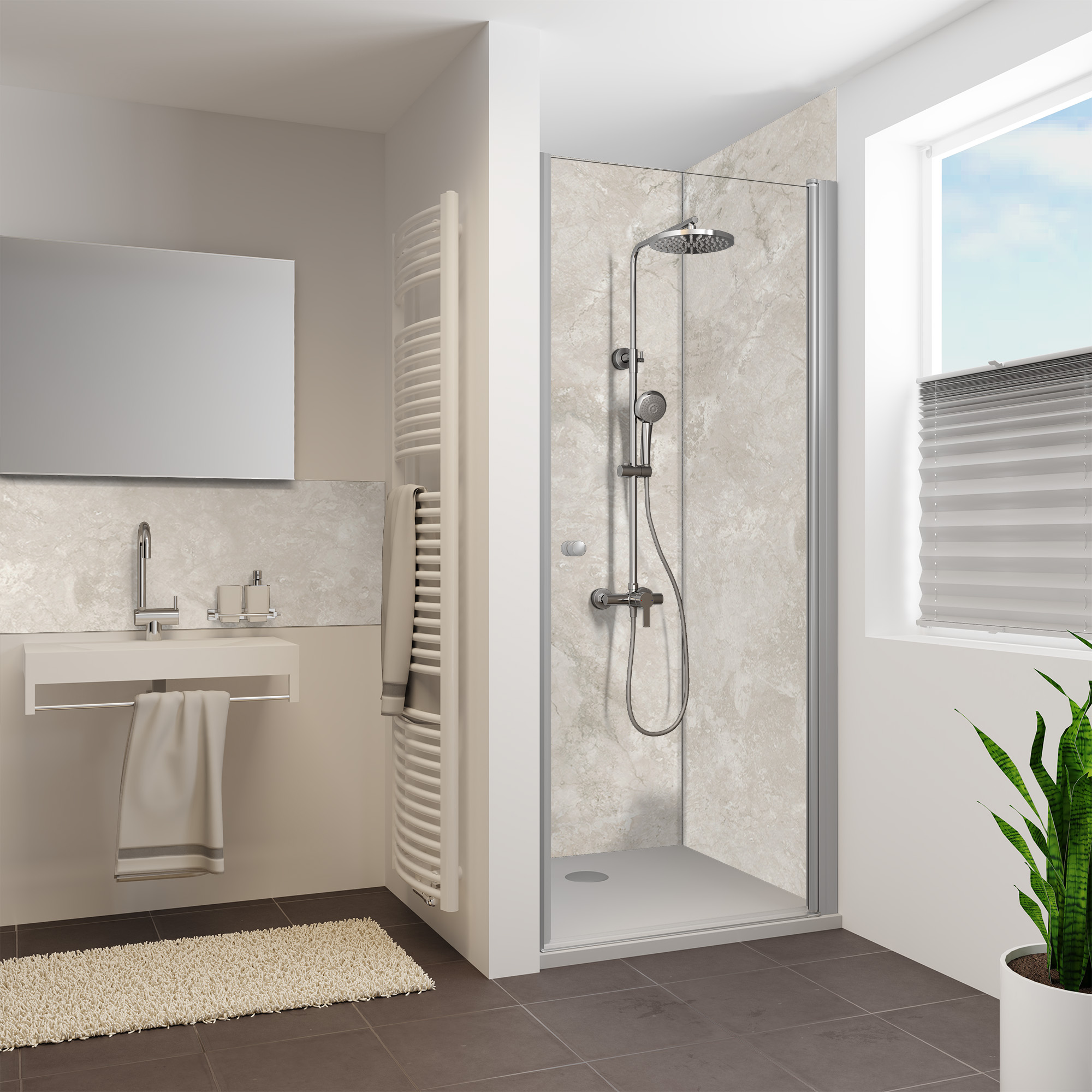 Seidenmatt Marmor Beige, Dusche in Nische