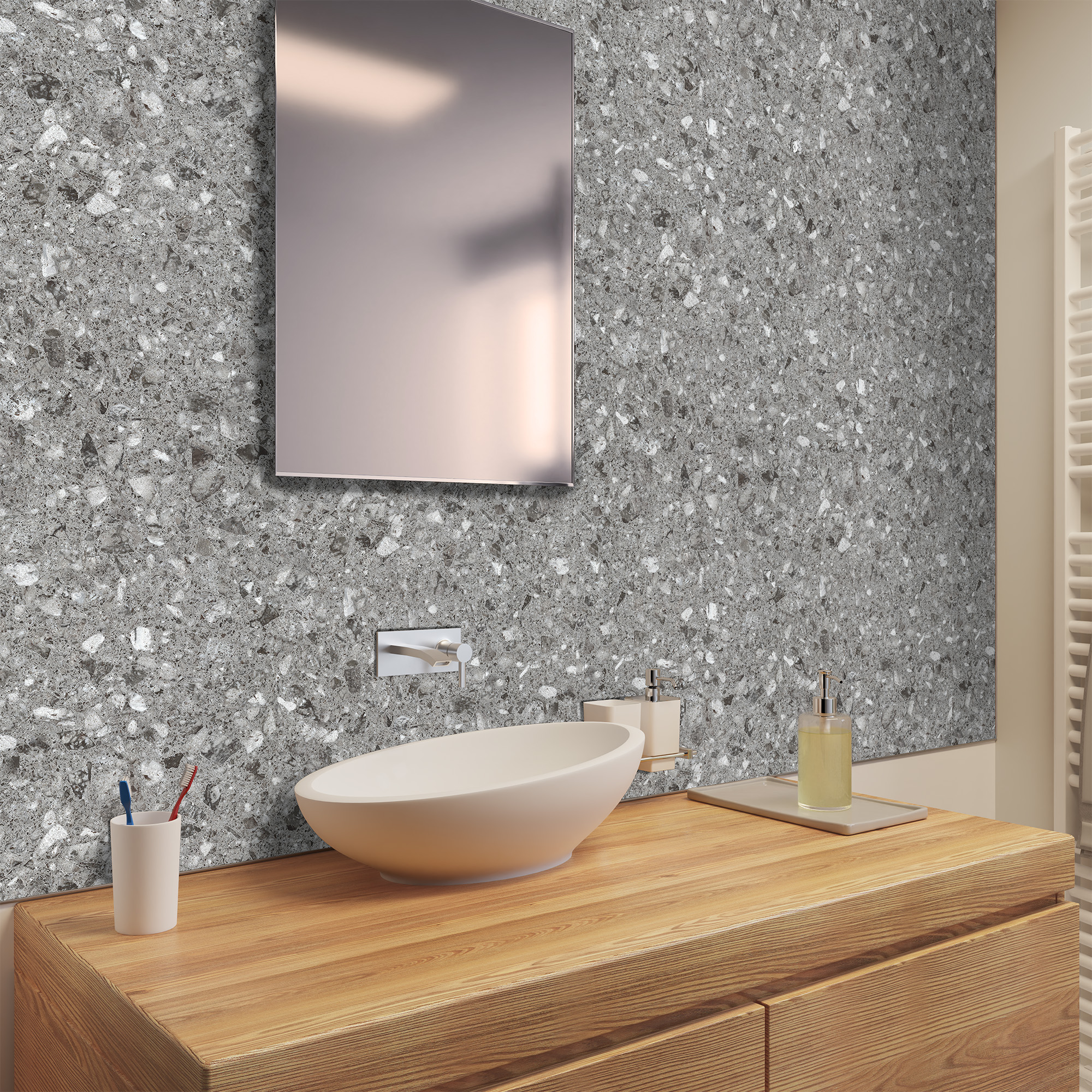 Duschrückwand Seidenmatt Terrazzo Grau Waschtisch