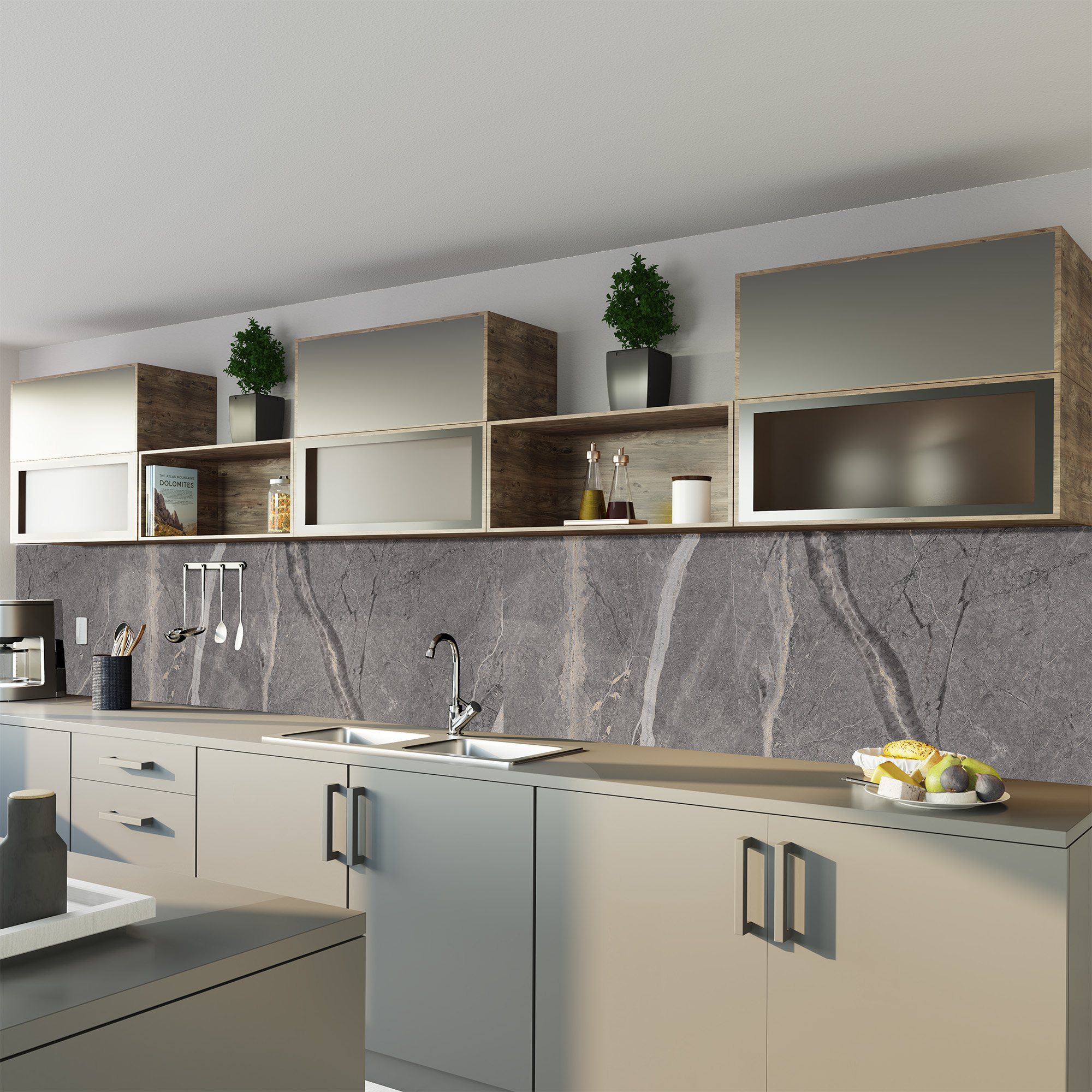 Duschrückwand Hochglanz Marmor Grau-Beige Küche