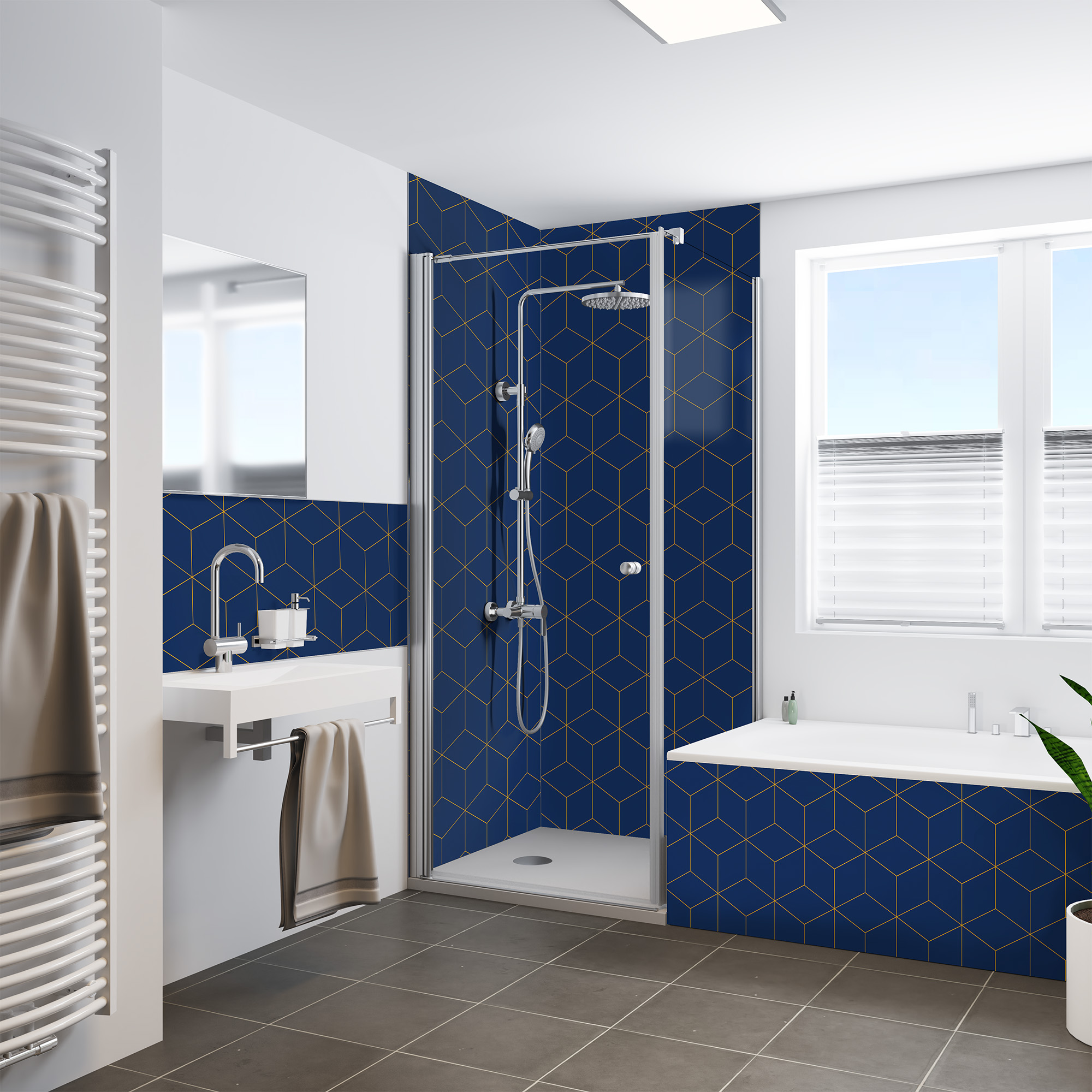 Duschrückwand Seidenmatt Hexagon Blau Dusche+BSW