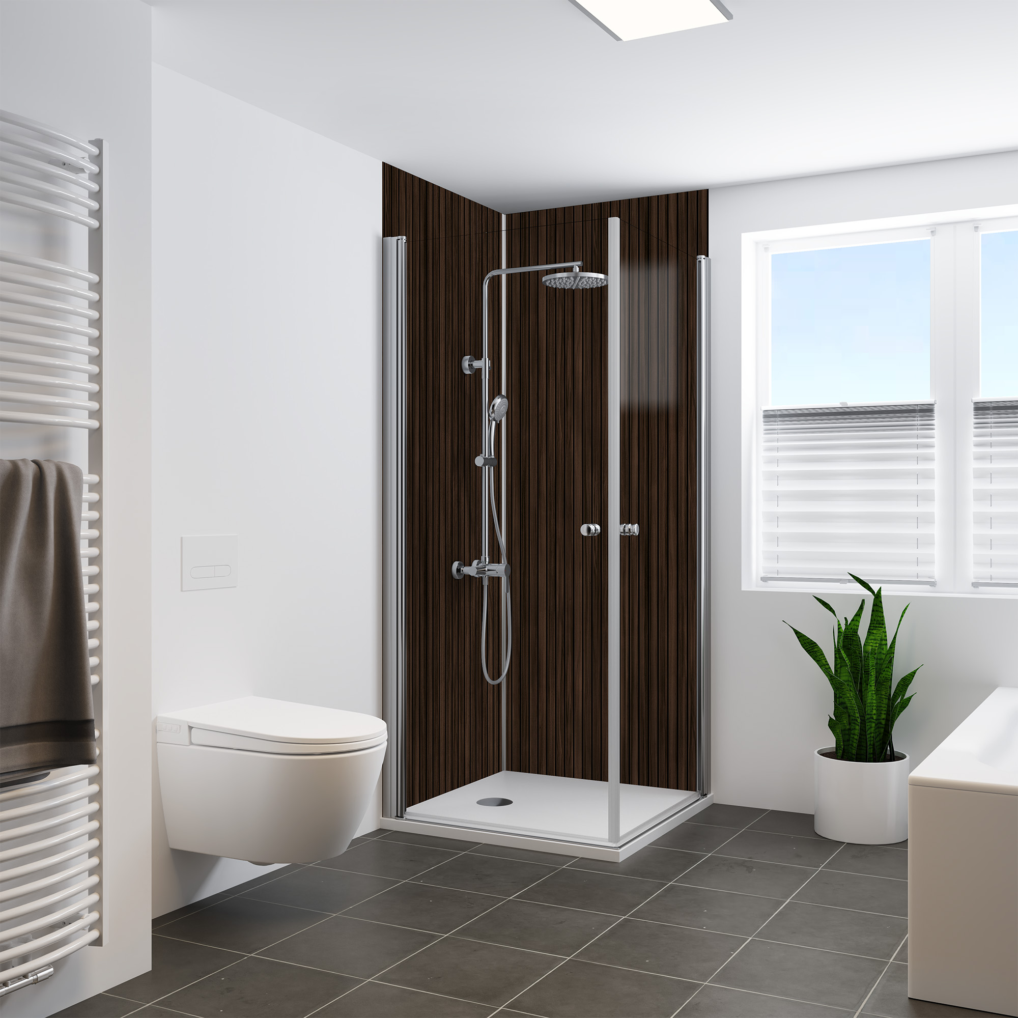 Duschrückwand Holzstruktur Scandi vertikal dunkel Eckeinstieg