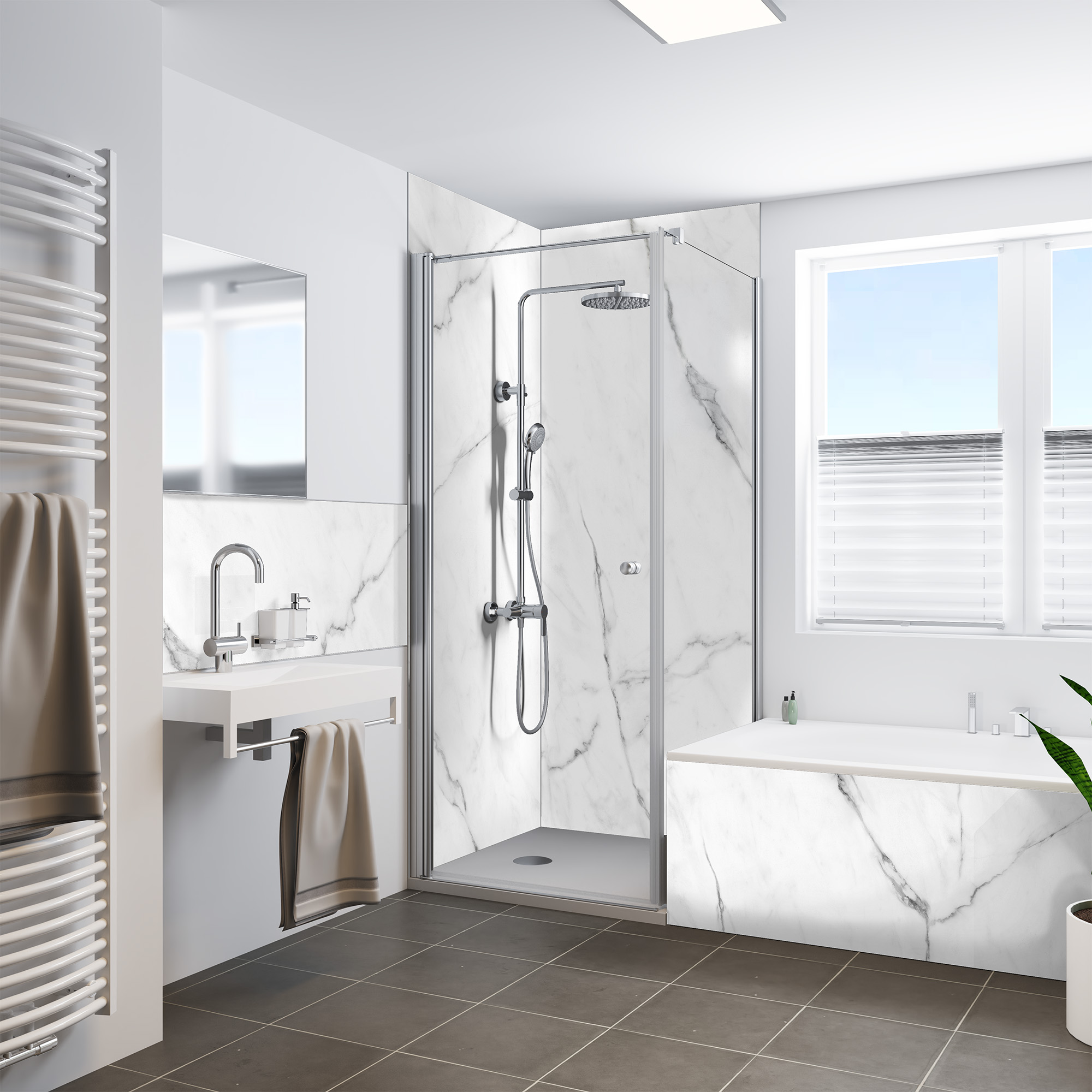 Duschrückwand Seidenmatt Marmor Bianco Dusche+BSW