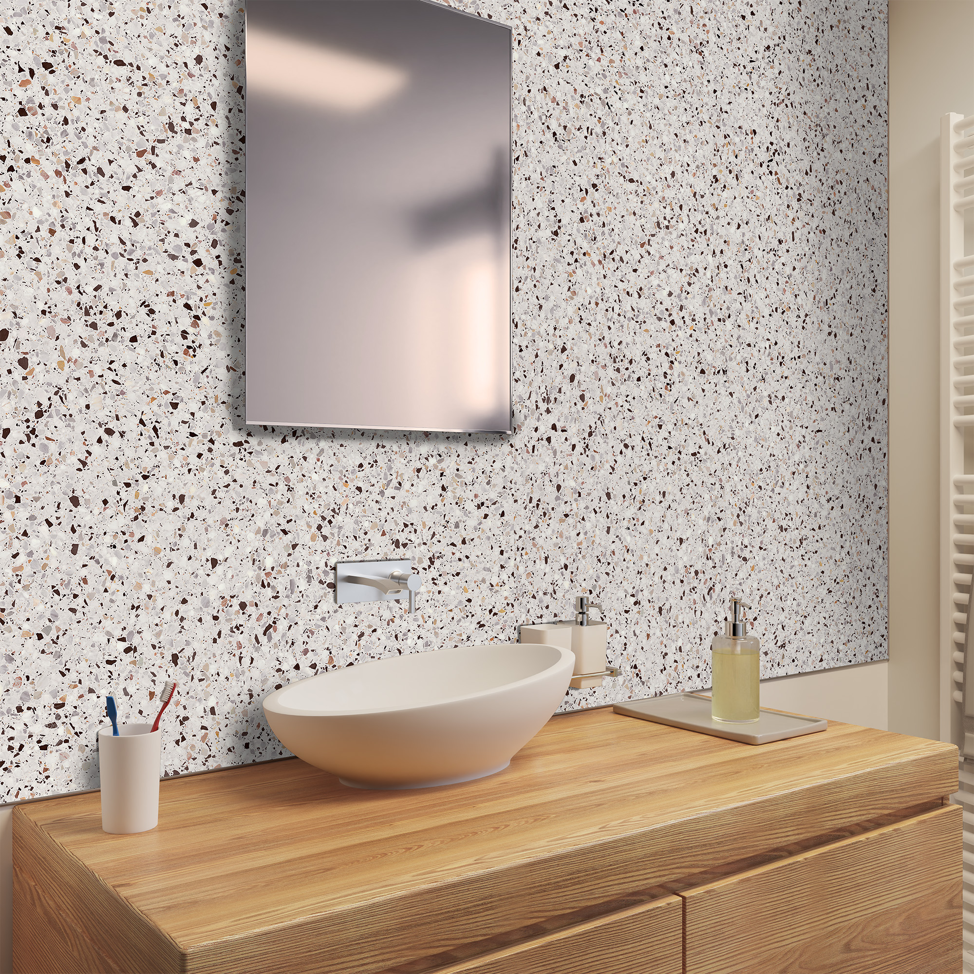 Duschrückwand Seidenmatt Terrazzo Feinmix Waschtisch