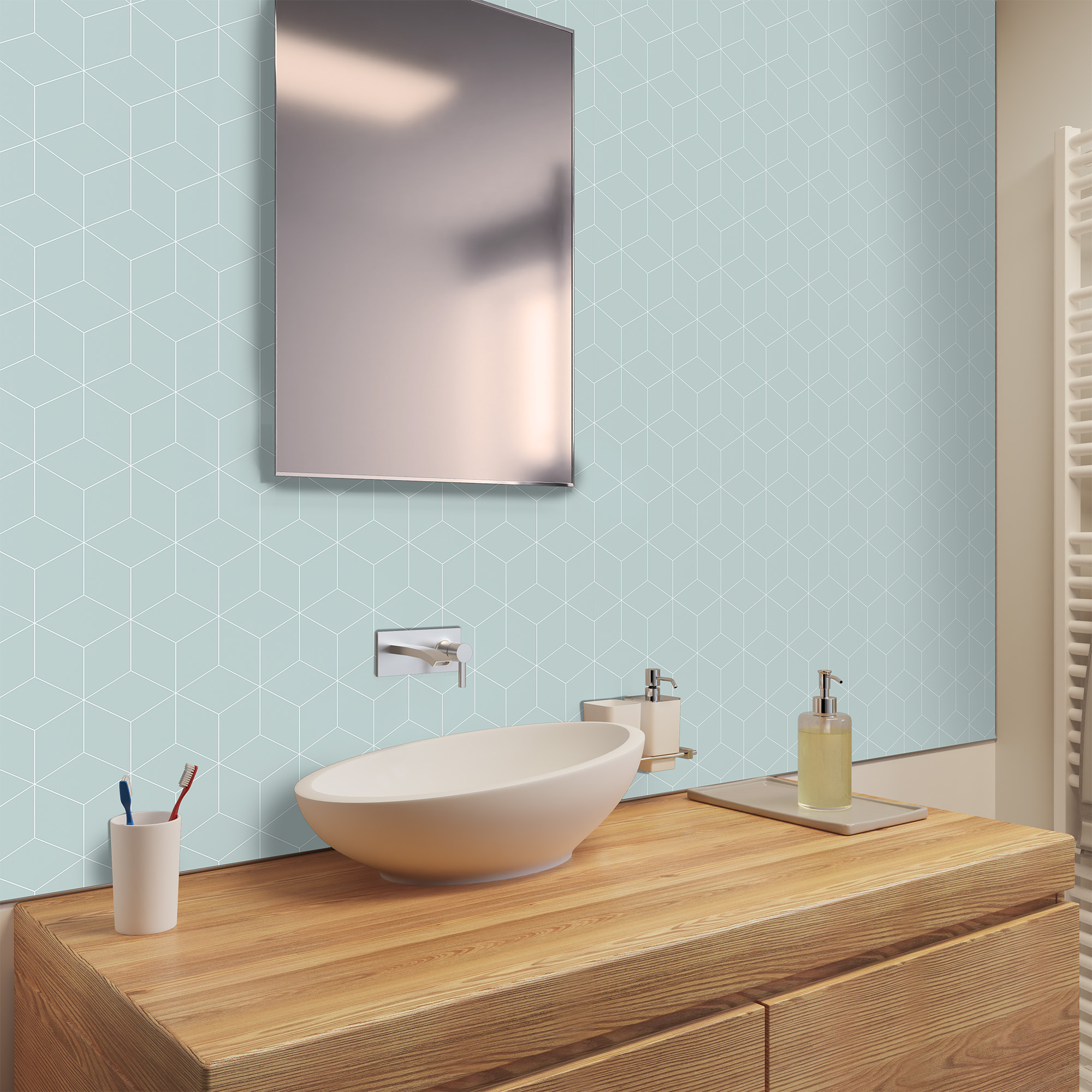 Duschrückwand Seidenmatt Hexagon Mint Waschtisch