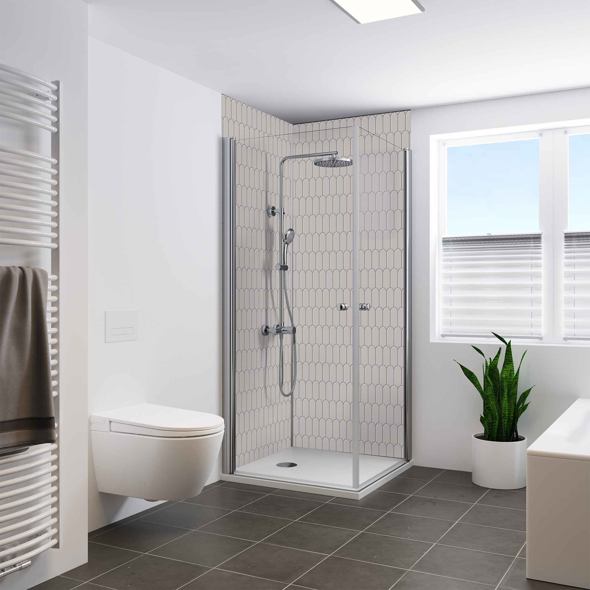 Duschrückwand Hochglanz Bogenmosaik Grau Eckeinstieg