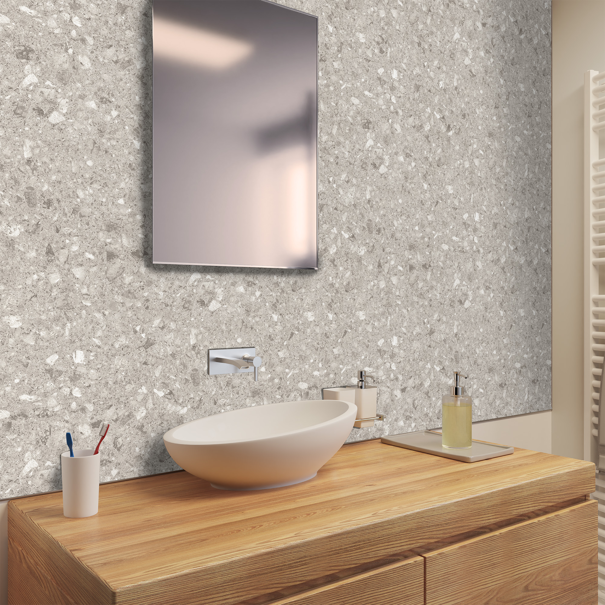 Duschrückwand Seidenmatt Terrazzo Beige Waschtisch