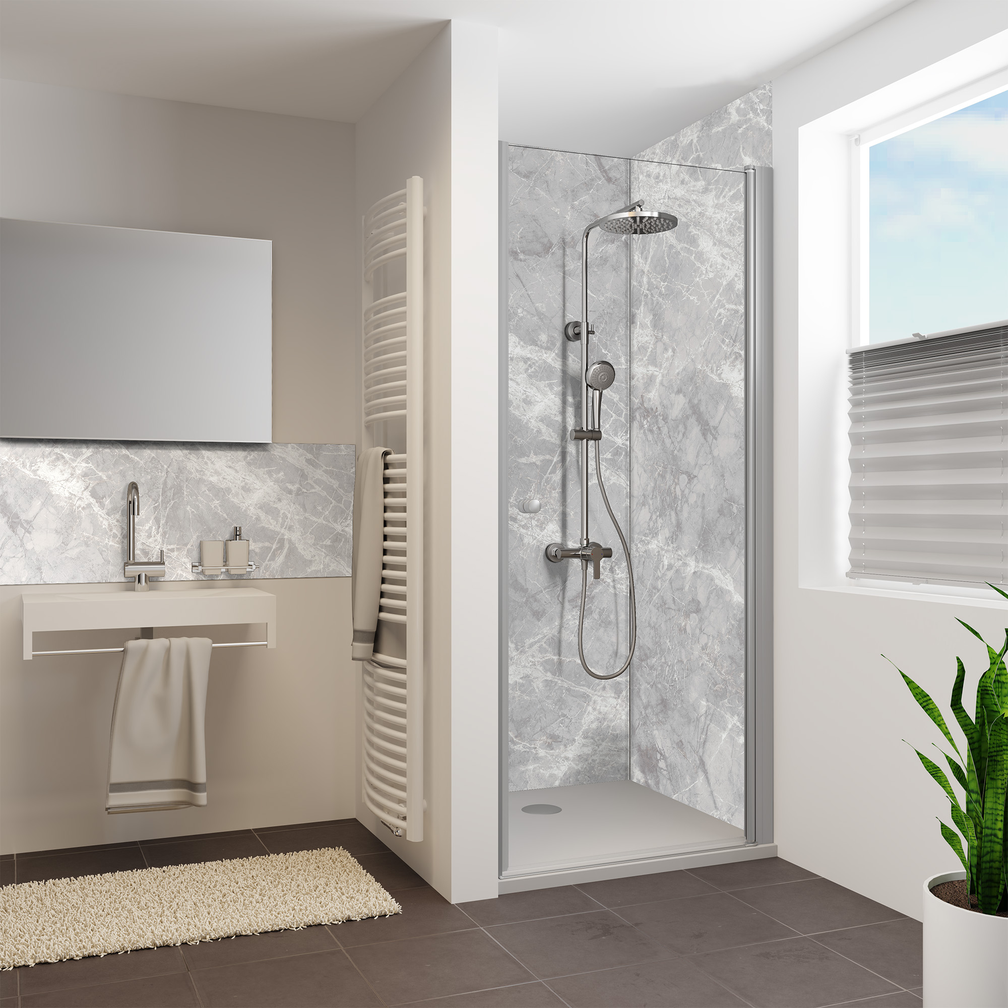 Duschrückwand Seidenmatt Marmor Silbergrau Nische