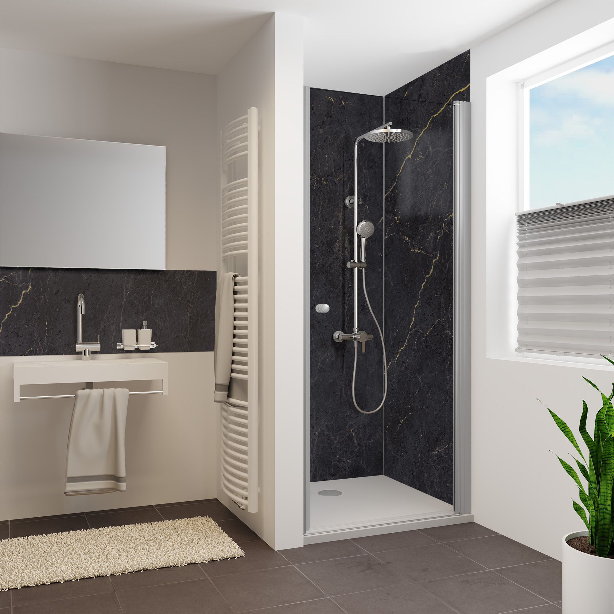 Seidenmatt Marmor Schwarz-Gold, Dusche in Nische
