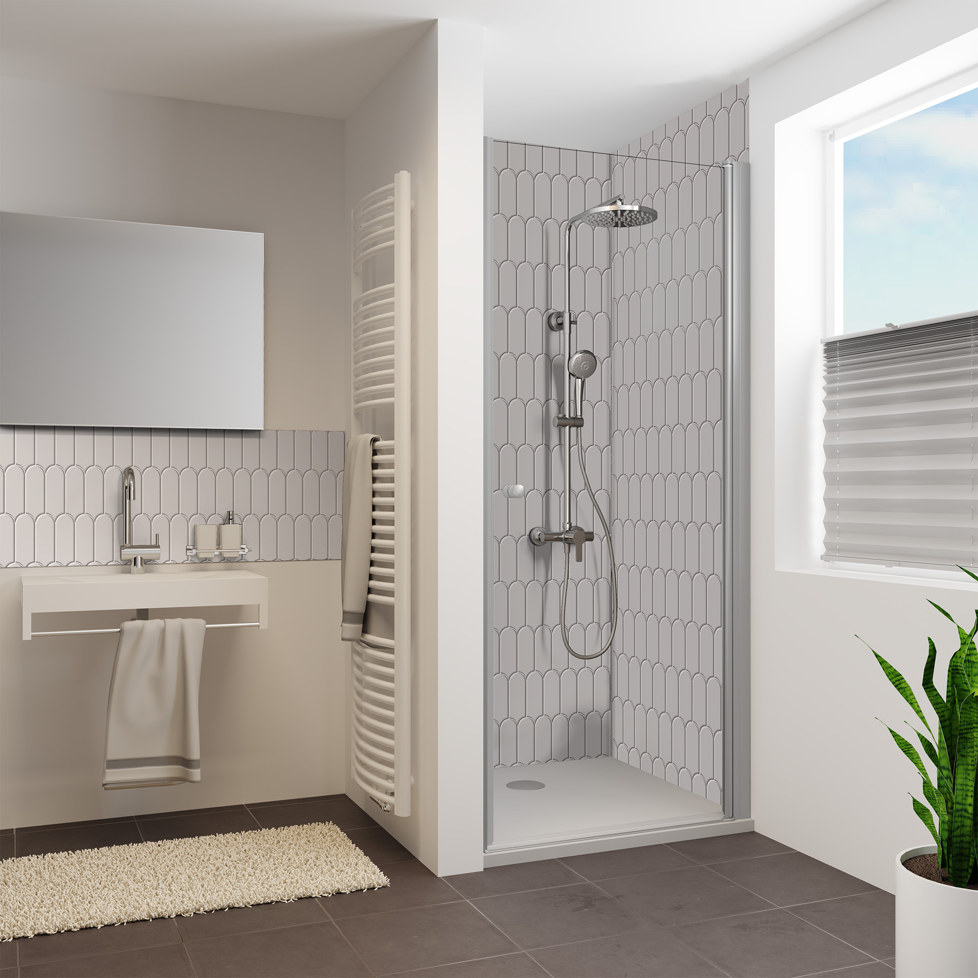 Duschrückwand Hochglanz Bogenmosaik Grau Nische