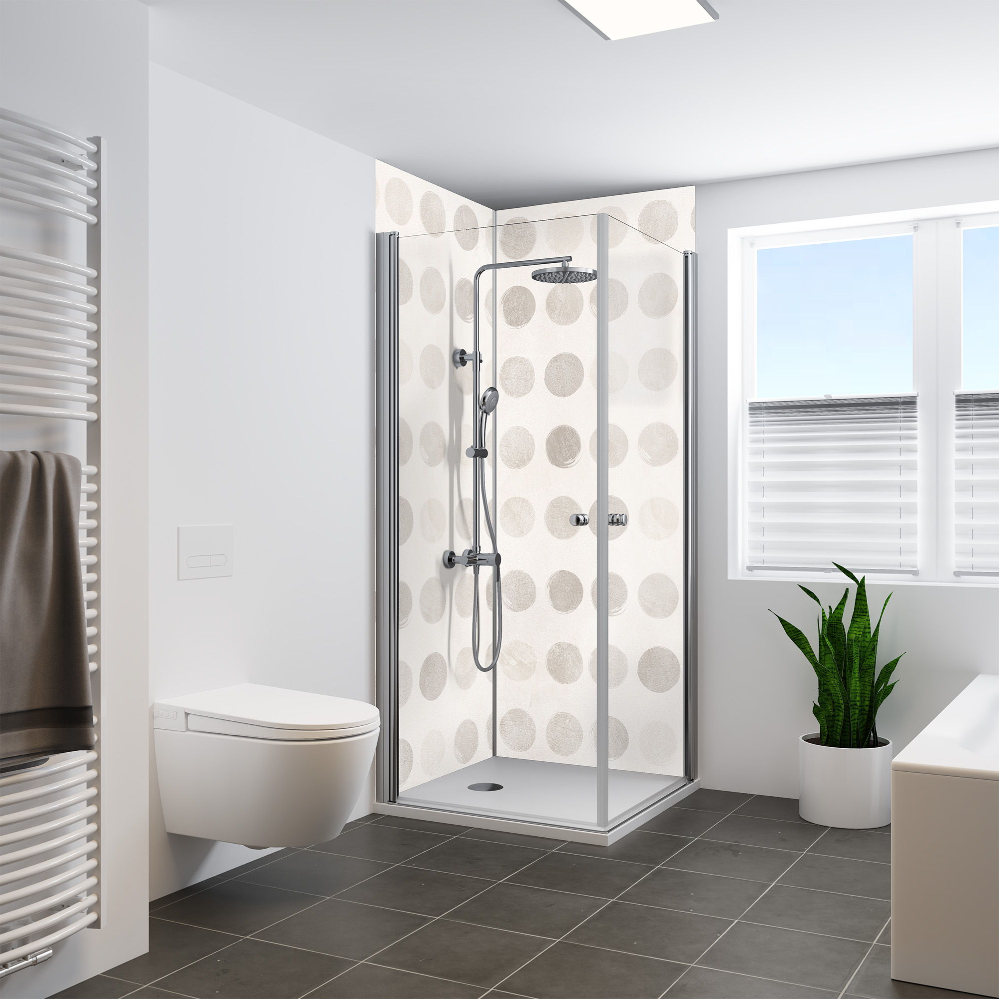 Duschrückwand Steinstruktur Putzoptik Crema Punto Eckeinstieg