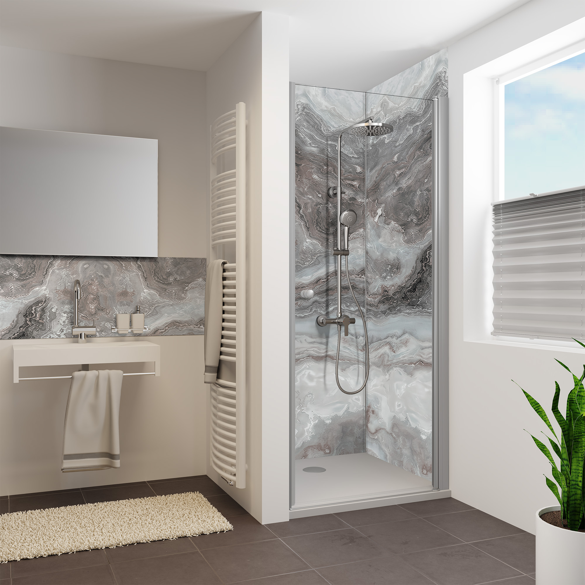 Duschrückwand Seidenmatt Marmor Achat Grau Nische