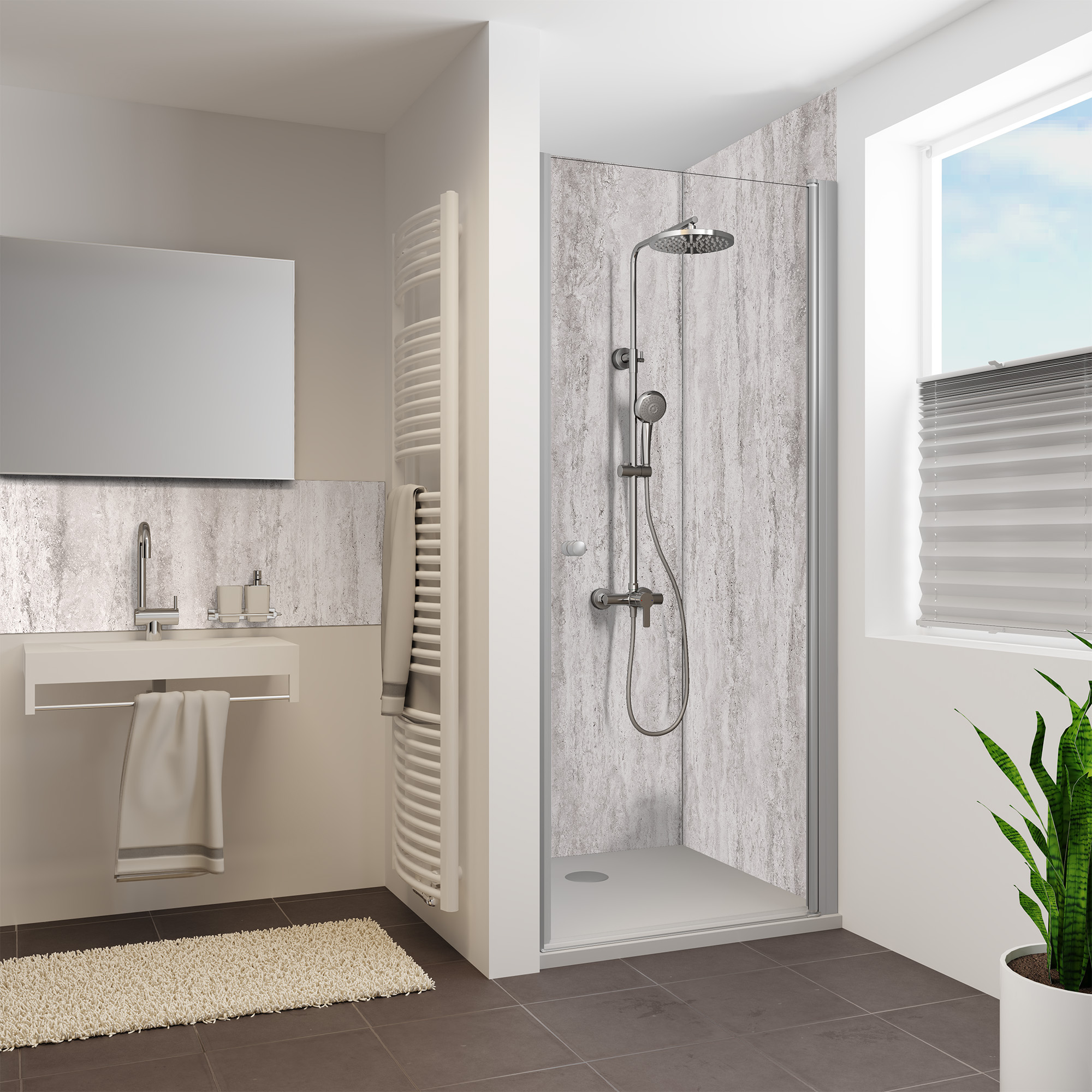 Duschrückwand Steinstruktur Travertin Grau Nische