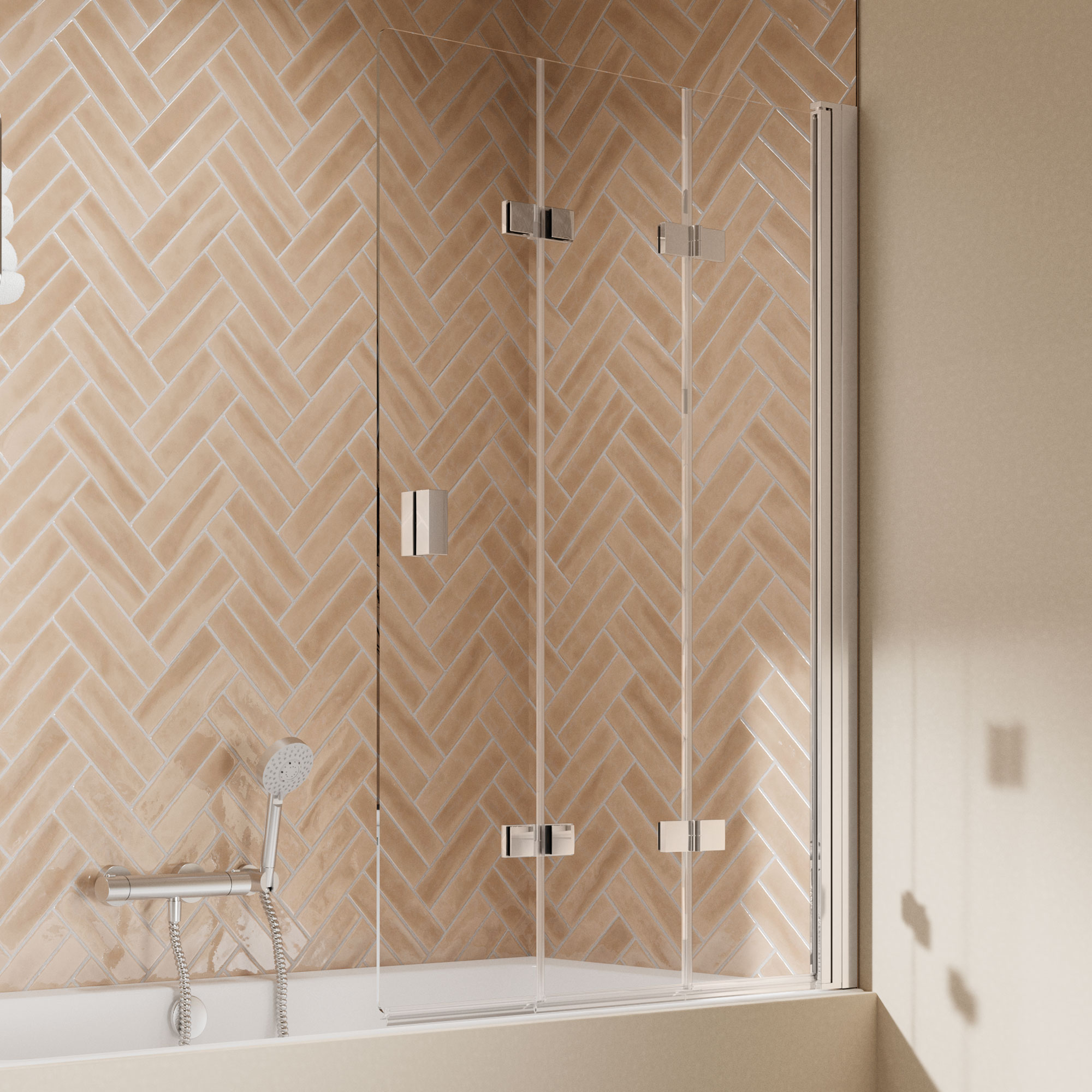 Elana 2.0 eckig - Drehfalttür 3-teilig für Badewanne, Alu Chromeffekt