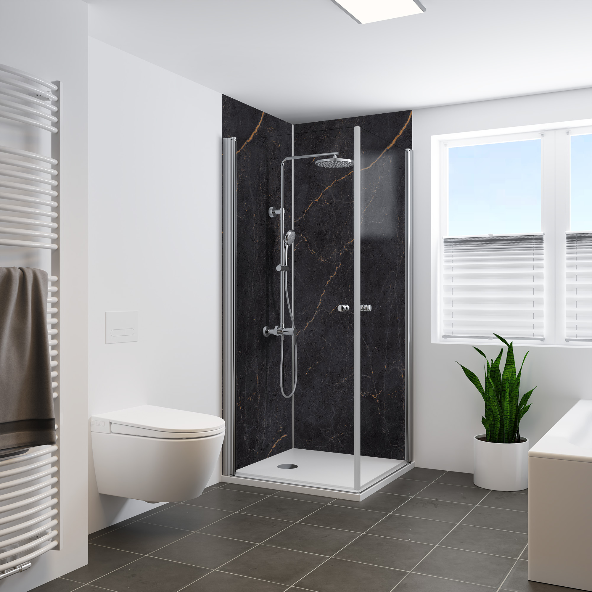 Seidenmatt Marmor Schwarz-Kupfer, Dusche in Ecke