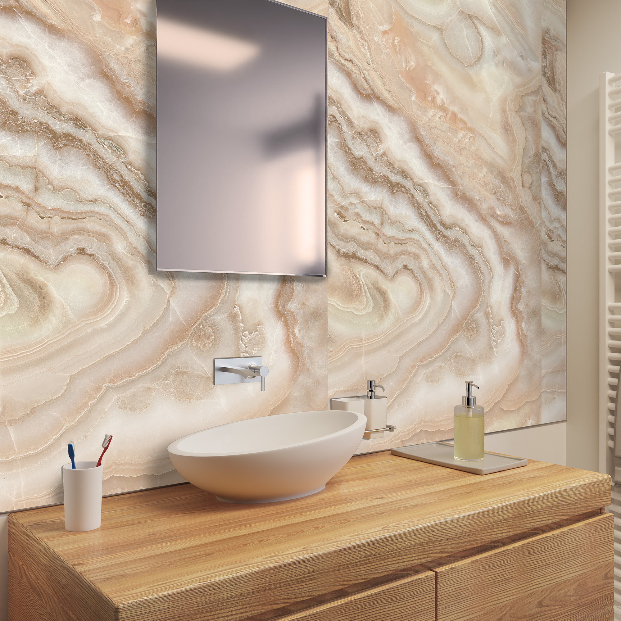 Duschrückwand Seidenmatt Hexagon Beige Waschtisch