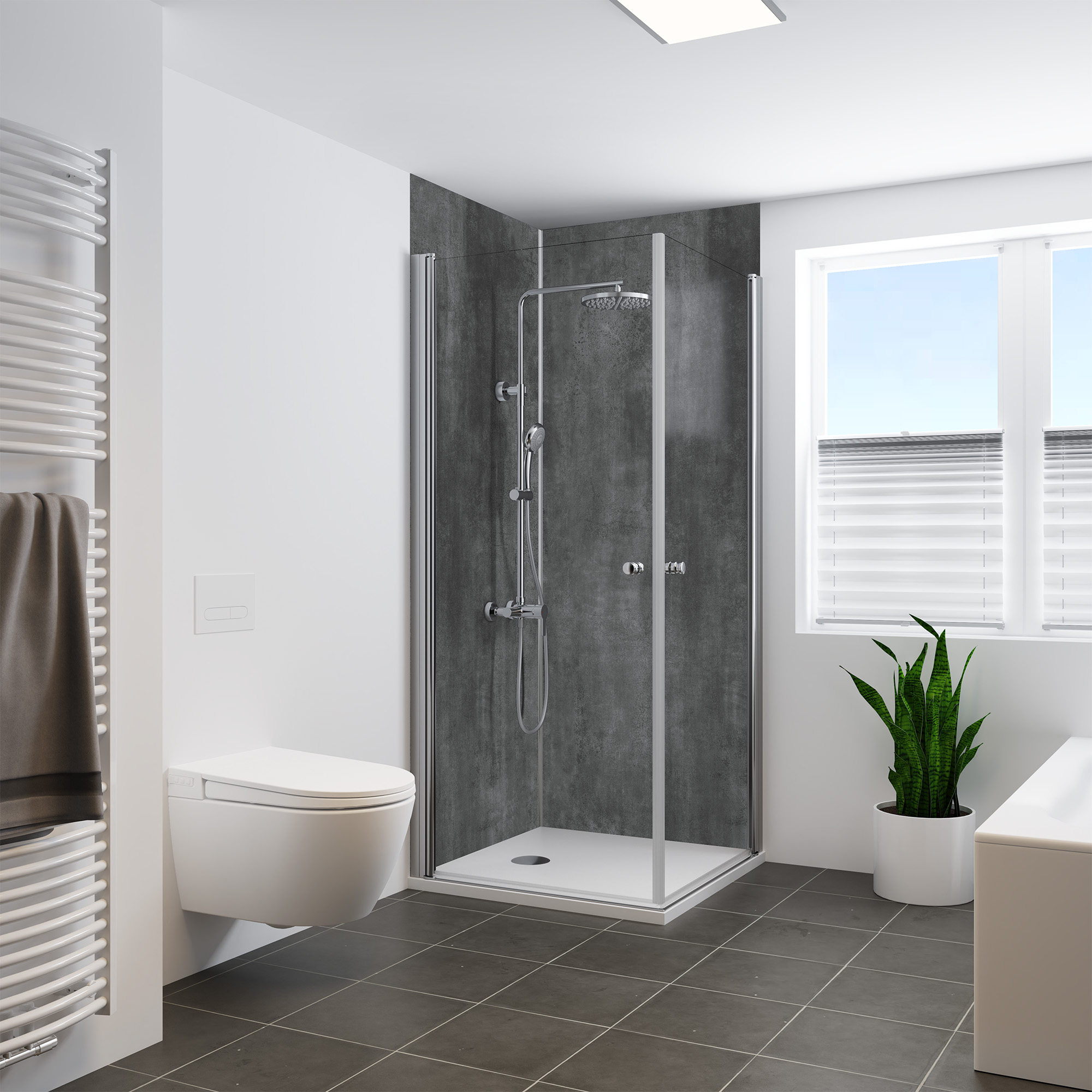 Duschrückwand Steinstruktur Beton Optik Anthrazit Eckeinstieg