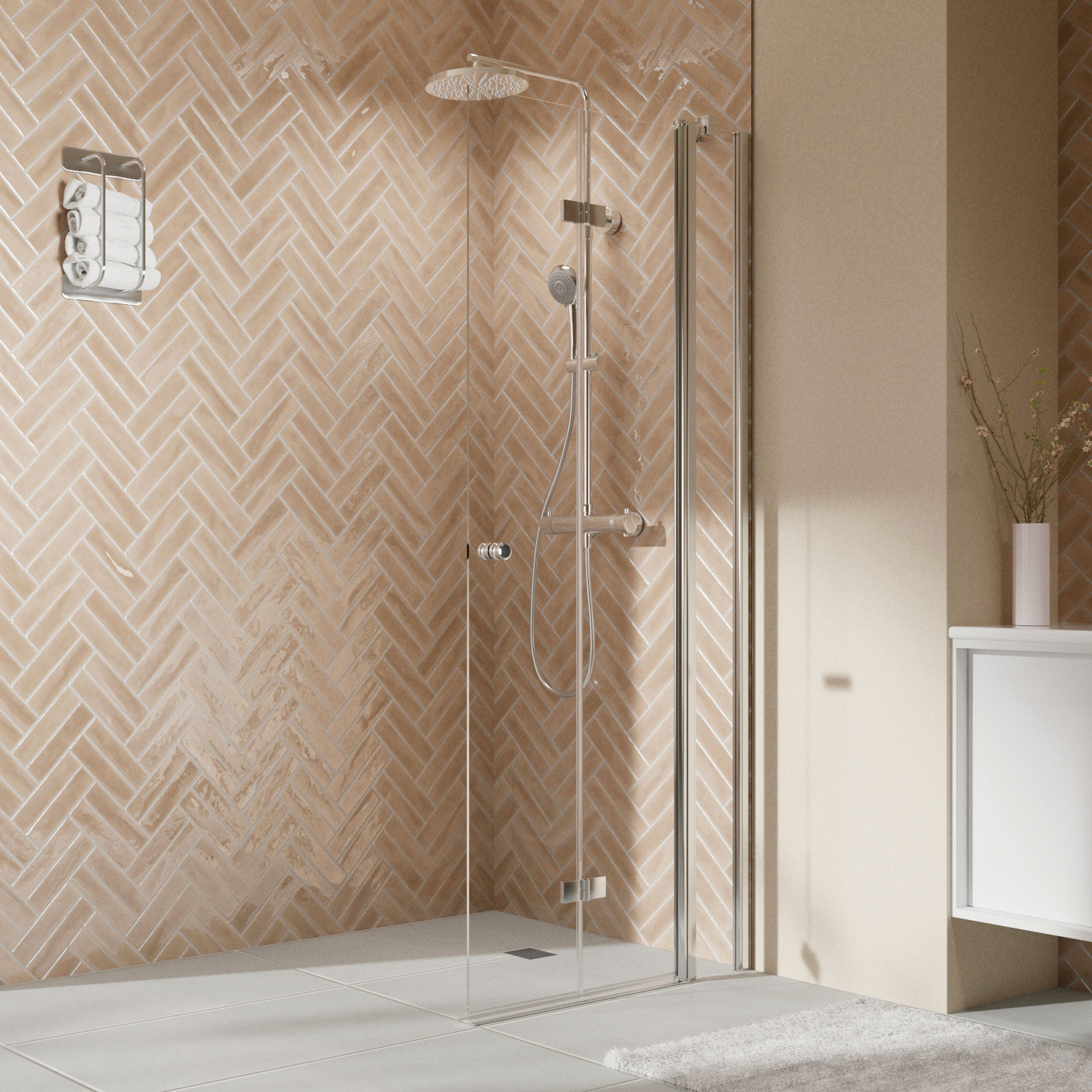 Elana 2.0 rund Walk-In Drehfalttür an Festteil, Anschlag rechts, alu chromeffekt