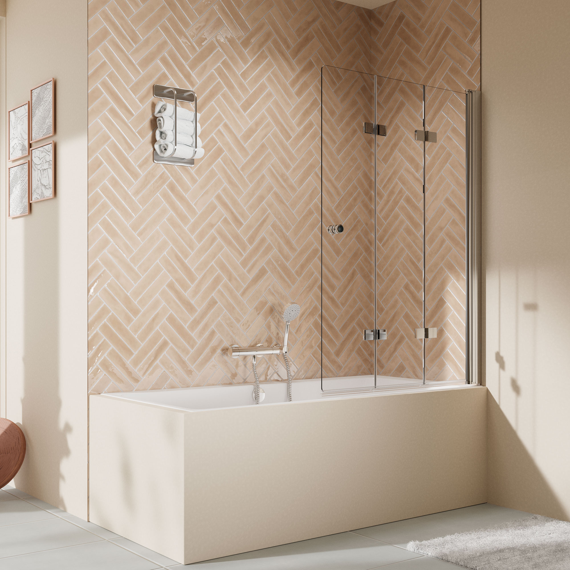 Elana 2.0 rund Drehfalttür 3-teilig für Badewanne, Anschlag rechts, alu chromeffekt