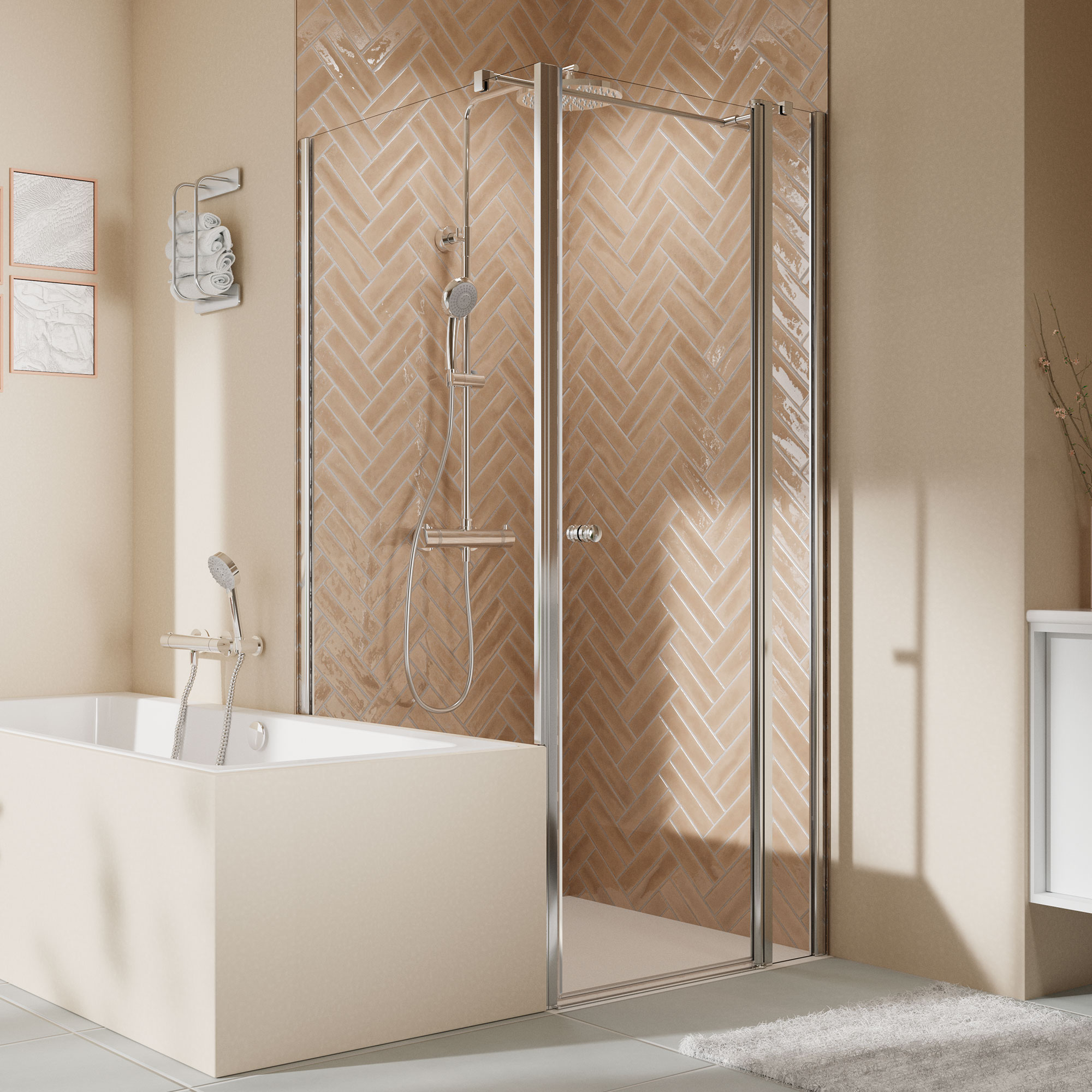 Elana 2.0 rund Drehtuer mit Festteil und Badewannenseitenwand, alu chromeffekt