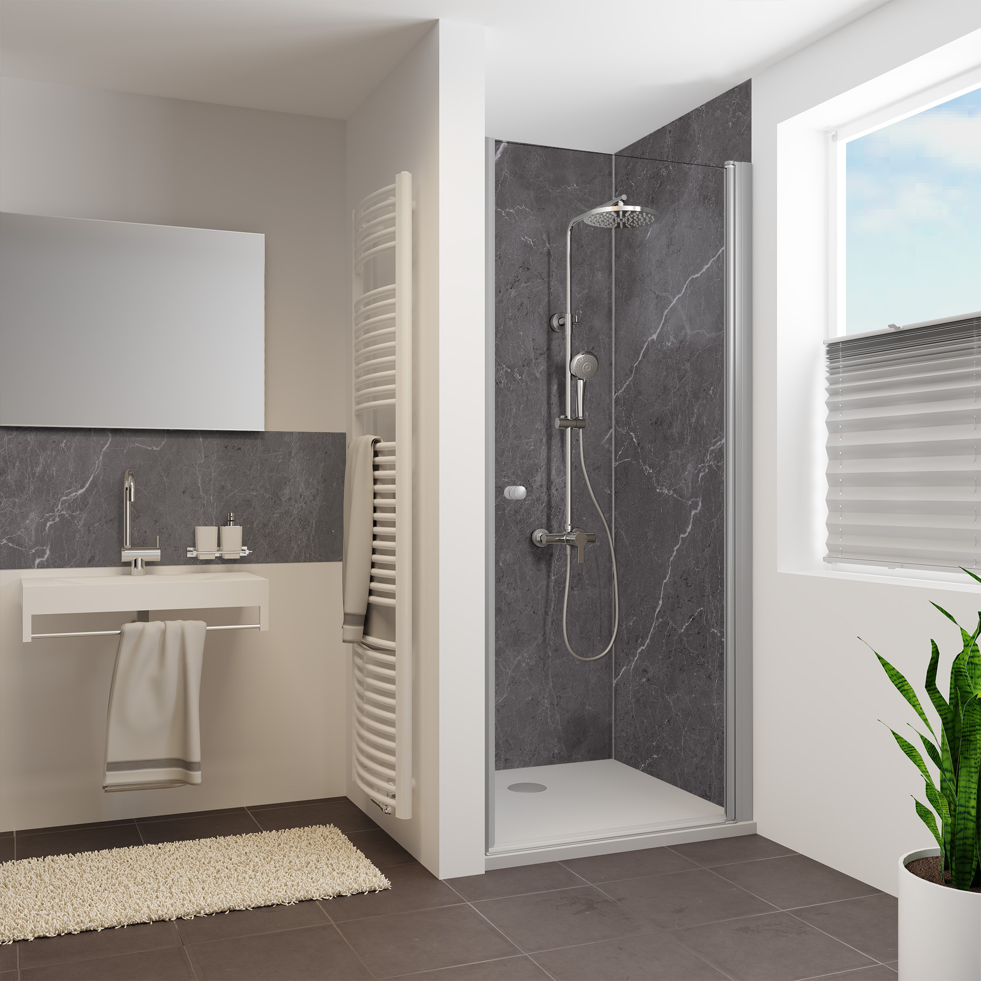 Seidenmatt Marmor Anthrazit-Weiß, Dusche in Nische