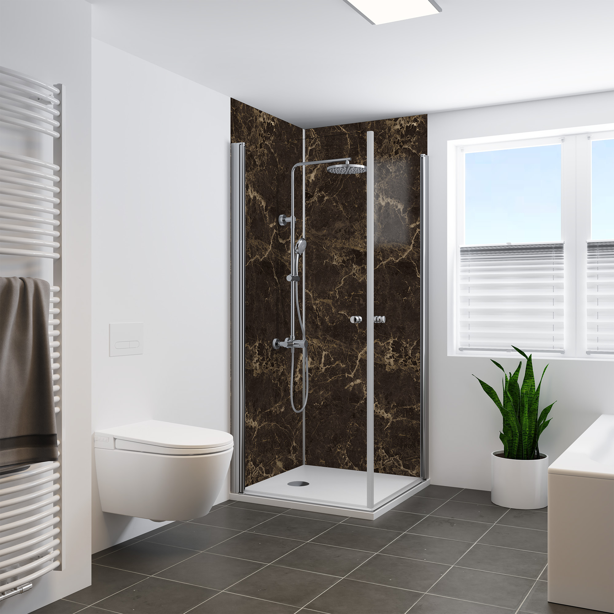 Duschrückwand Seidenmatt Marmor Braun Eckeinstieg