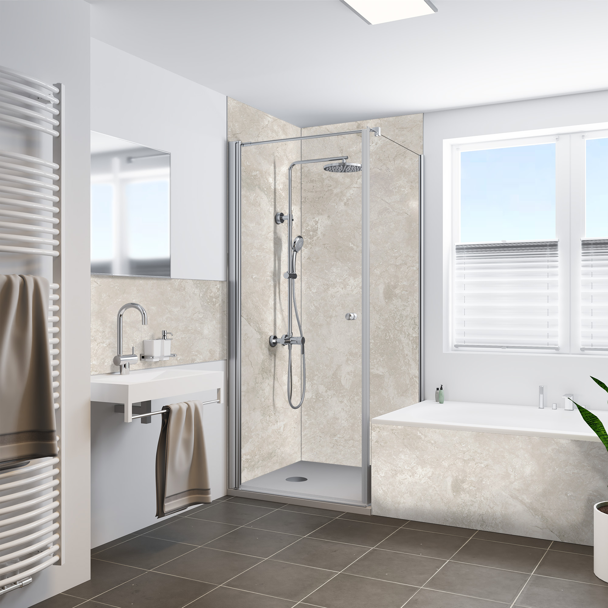 Seidenmatt Marmor Beige, Dusche mit Badewanne