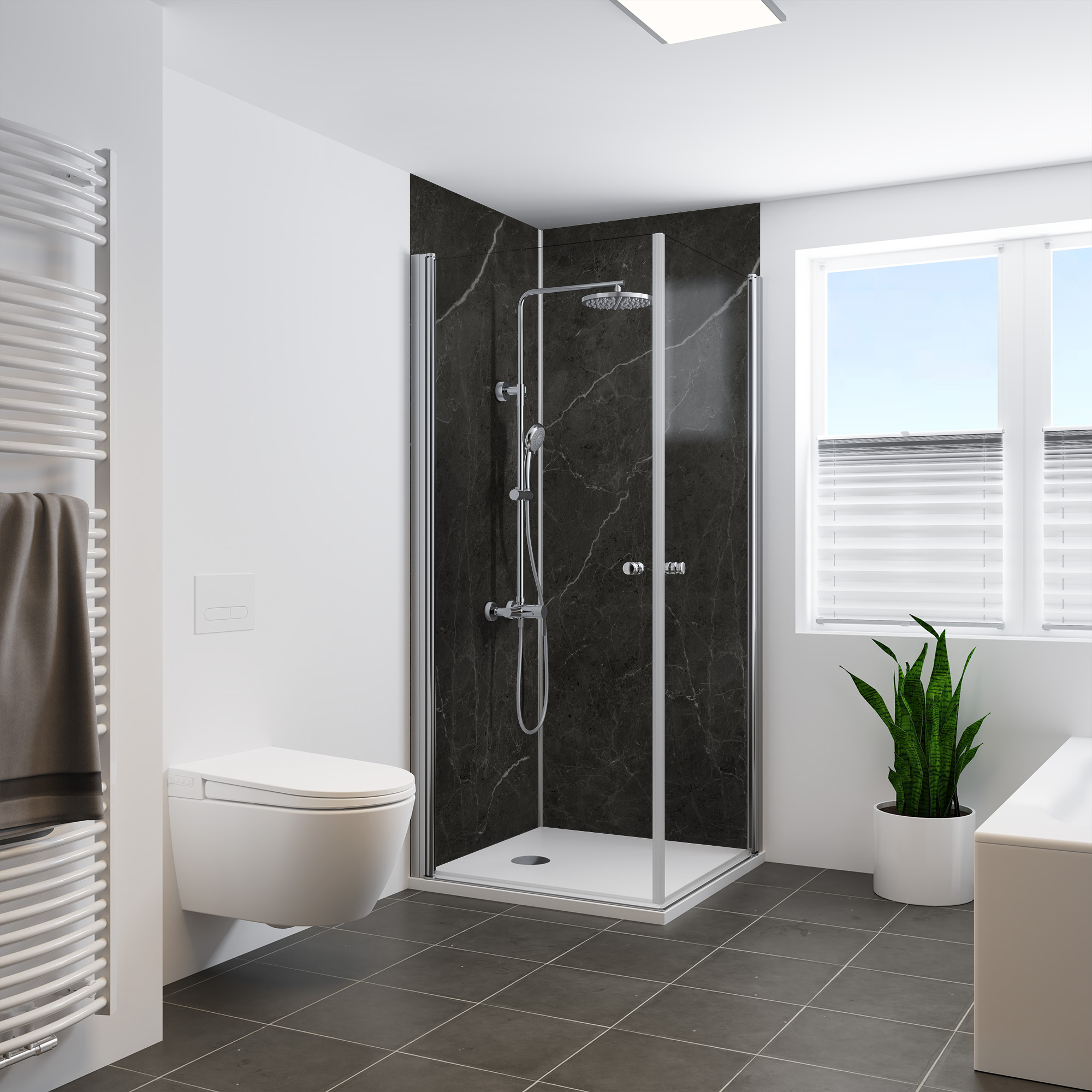Seidenmatt Marmor Schwarz-Grau, Dusche in Ecke