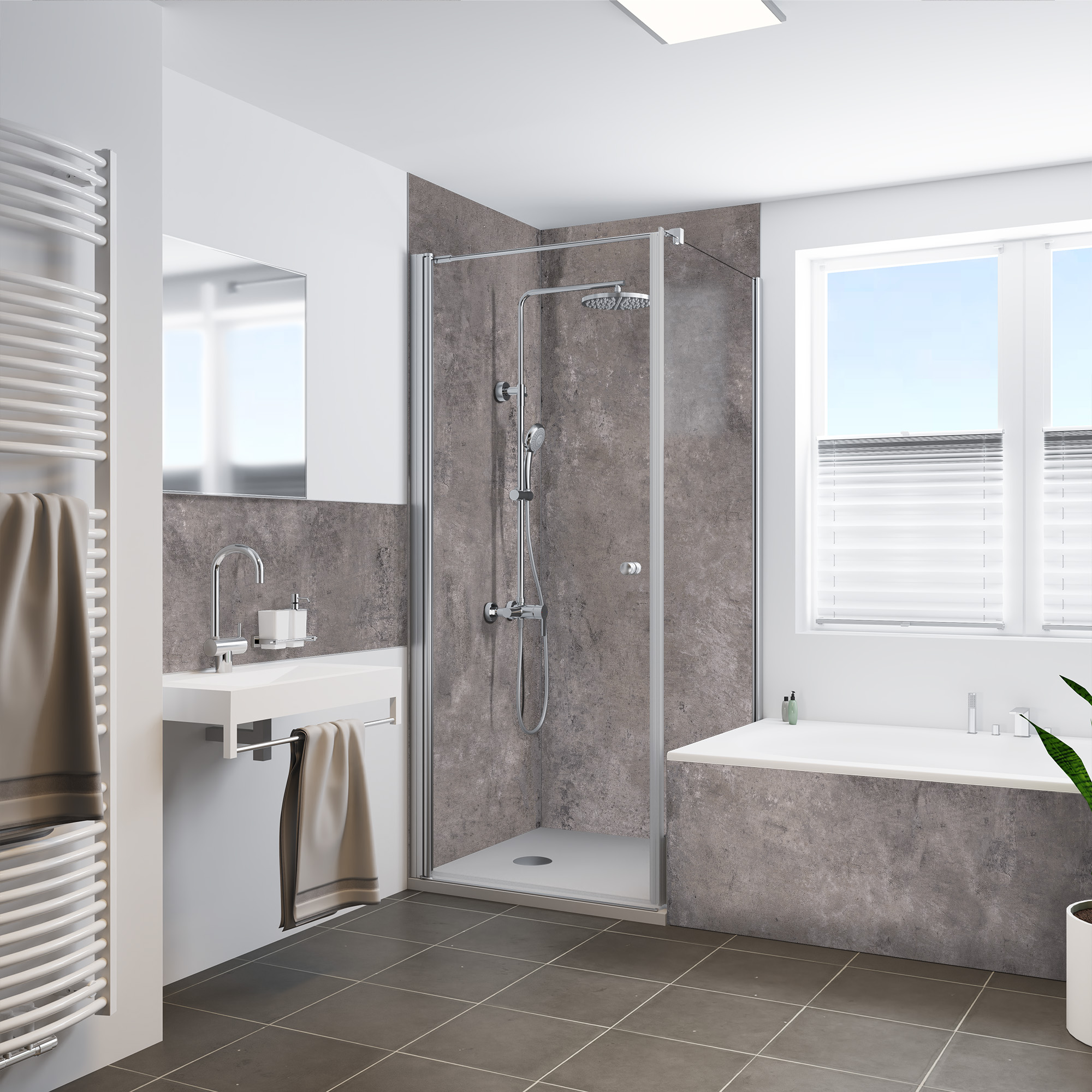 Seidenmatt Beton Rustik, Dusche mit Badewanne