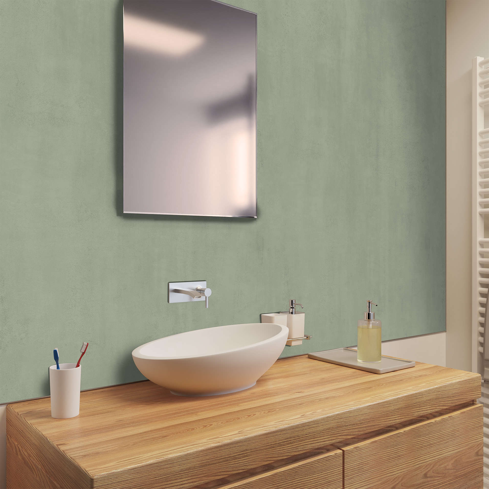 Duschrückwand Steinstruktur Beton Optik Olive Waschtisch