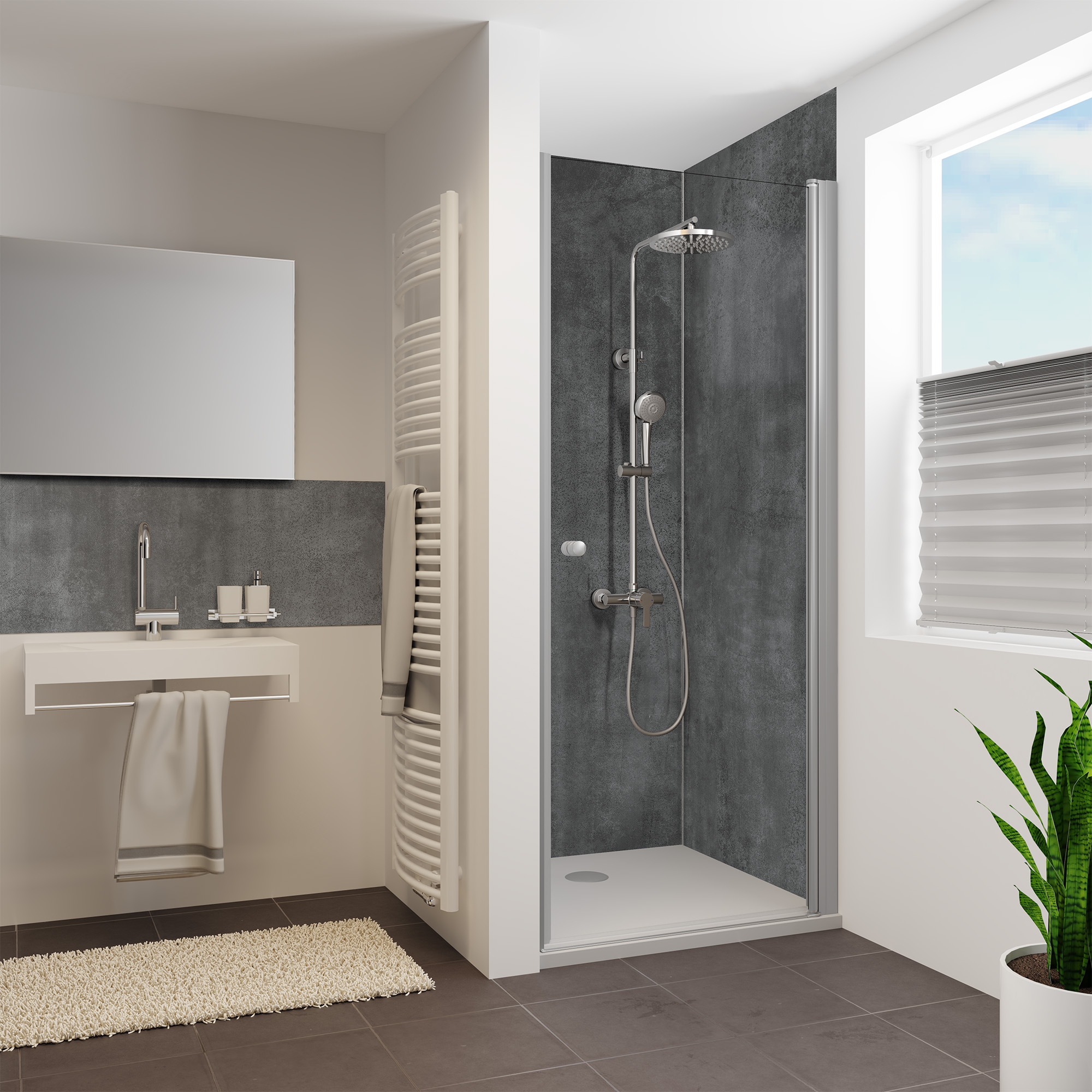 Duschrückwand Steinstruktur Beton Optik Anthrazit Nische