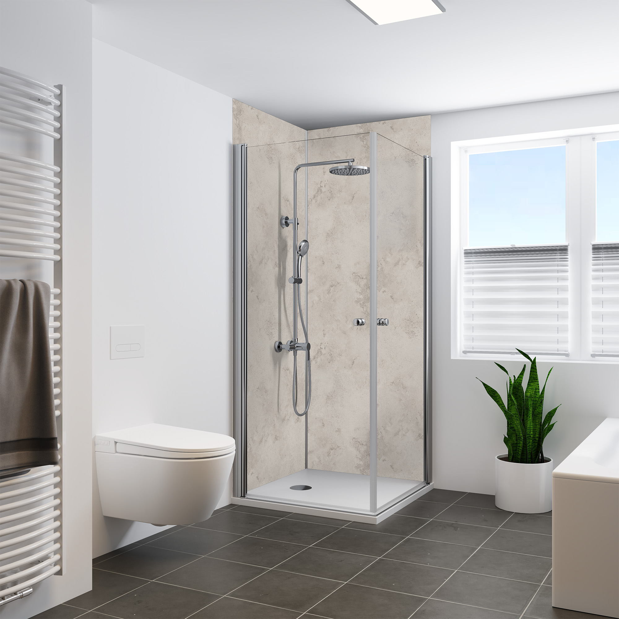 Duschrückwand Steinstruktur Sandstein Greige Eckeinstieg