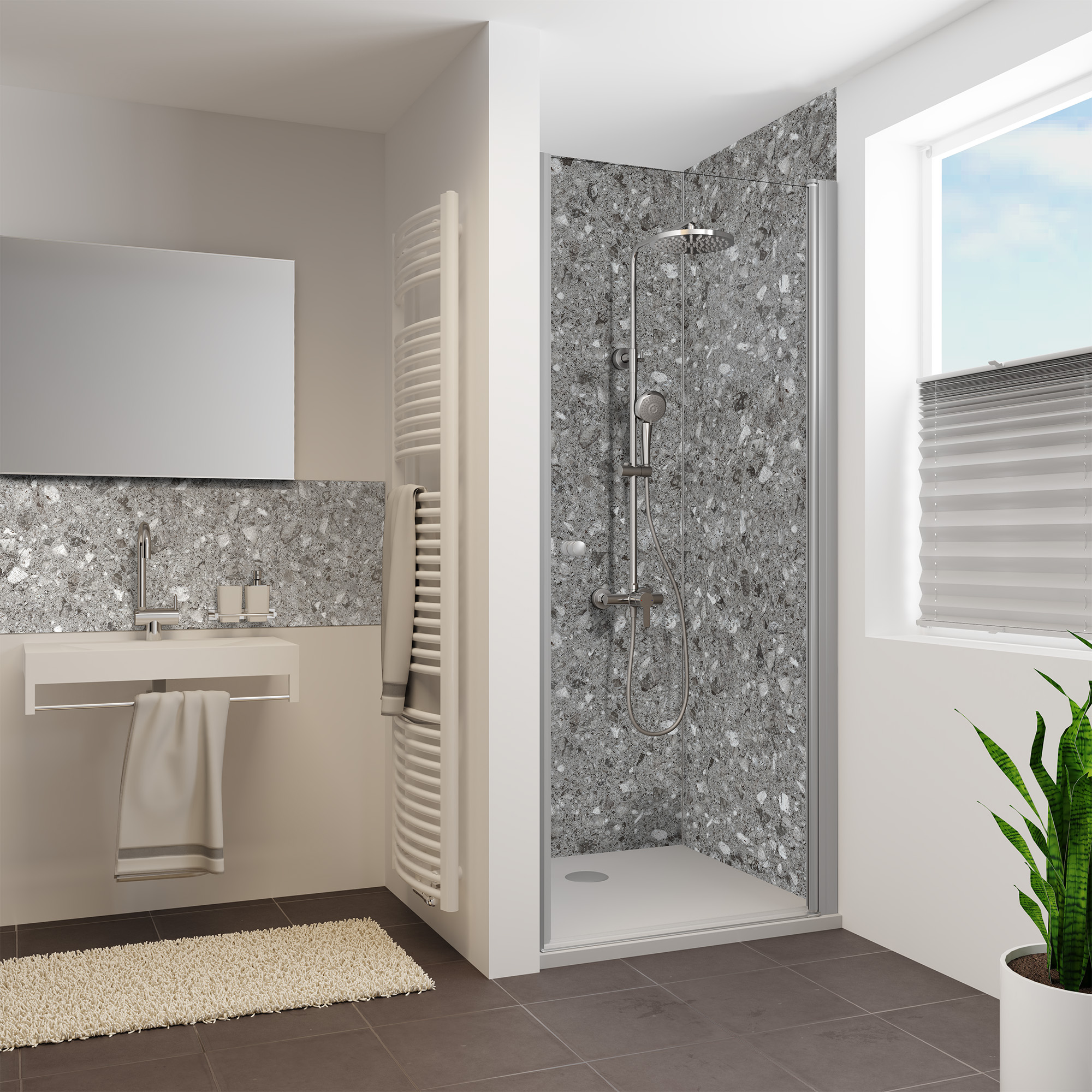 Duschrückwand Seidenmatt Terrazzo Grau Nische