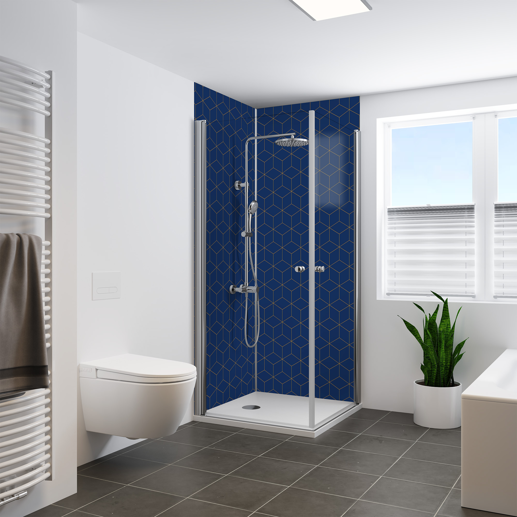 Duschrückwand Seidenmatt Hexagon Blau Eckeinstieg