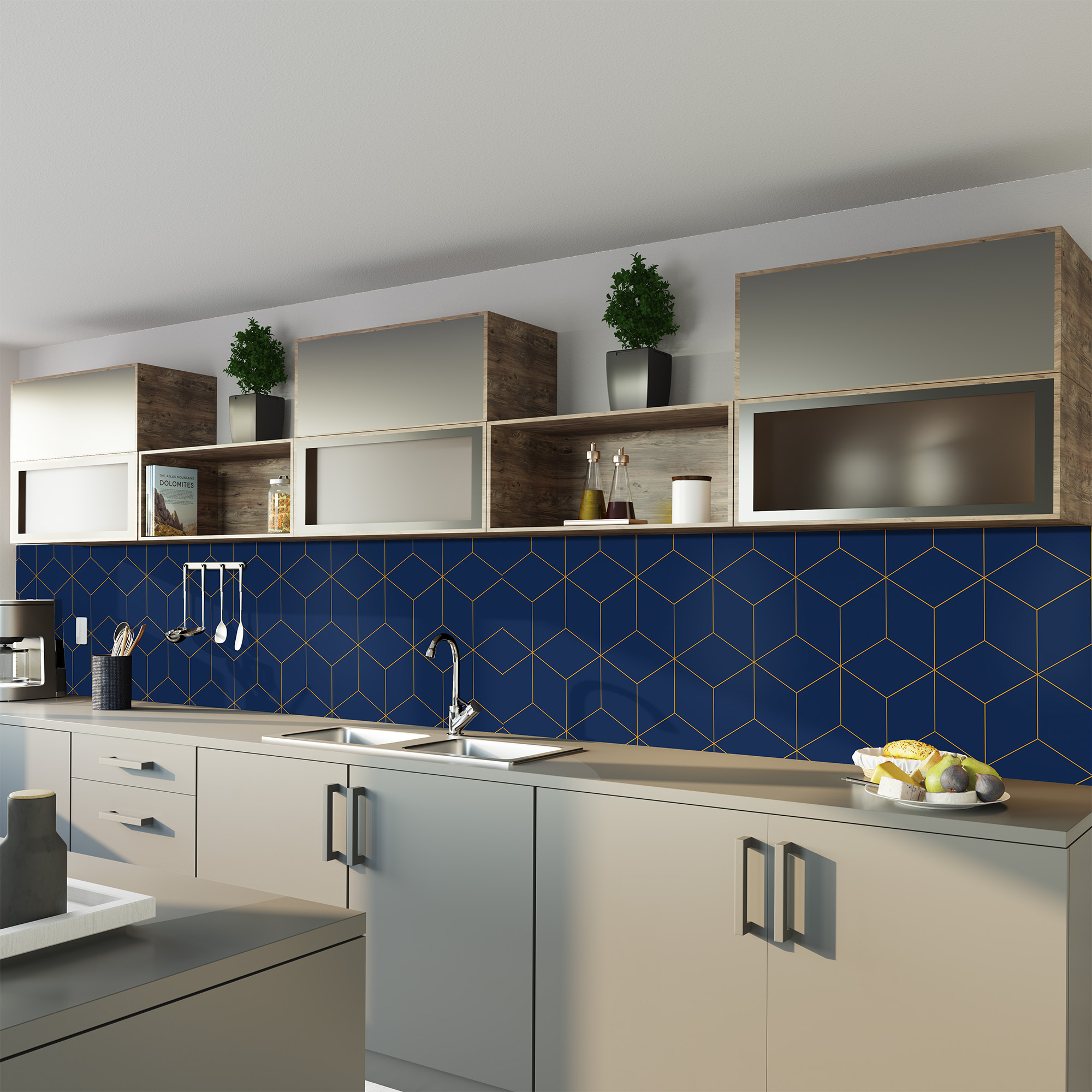 Duschrückwand Seidenmatt Hexagon Blau Küche