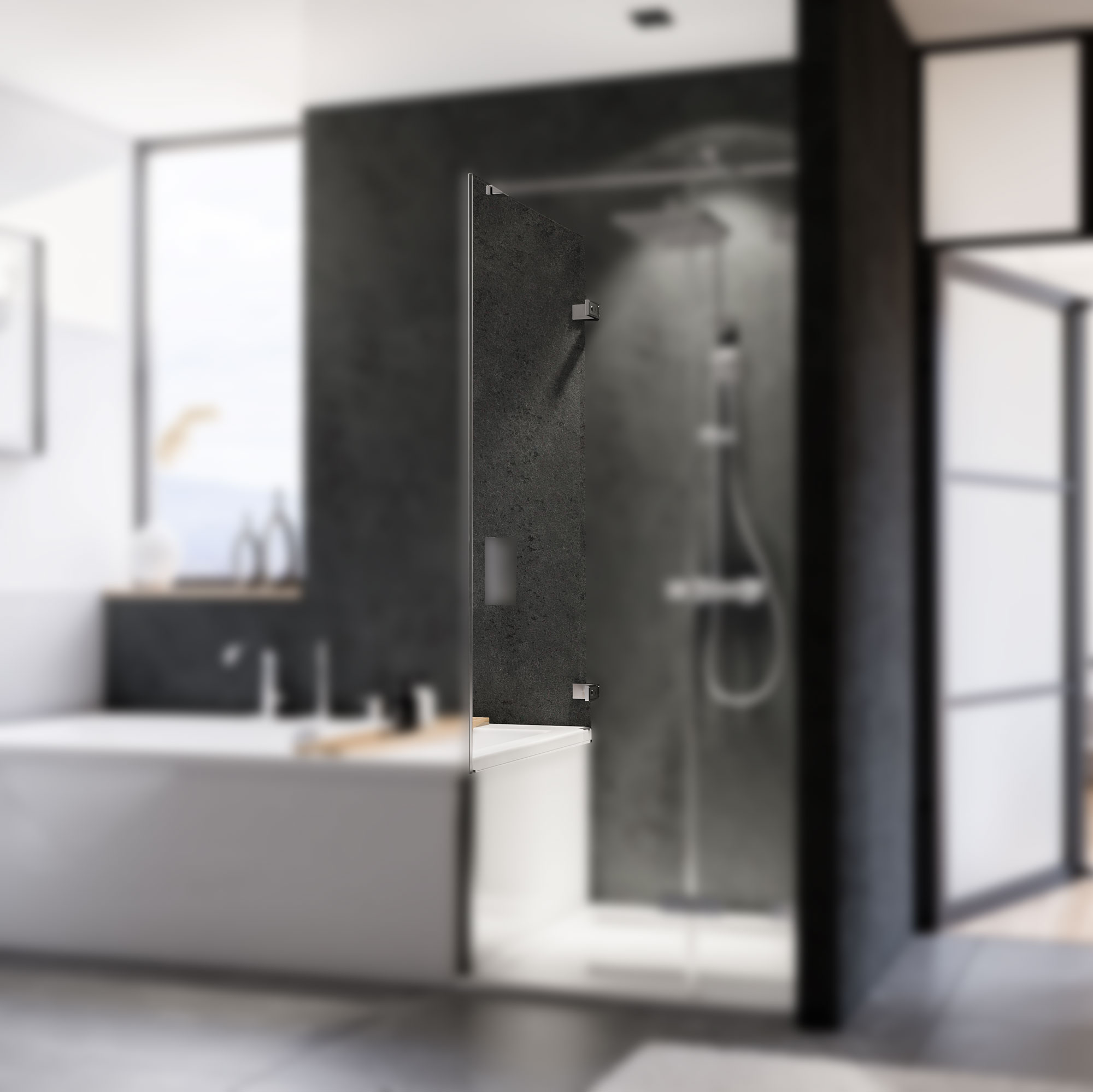 Panorama Badewannenseitenwand links für Drehtür, rahmenlos, Außenwinkel, Fokus