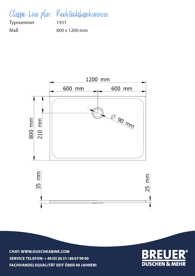 Classic Line plan Rechteckduschwanne, Maßzeichnung 800x1200 mm