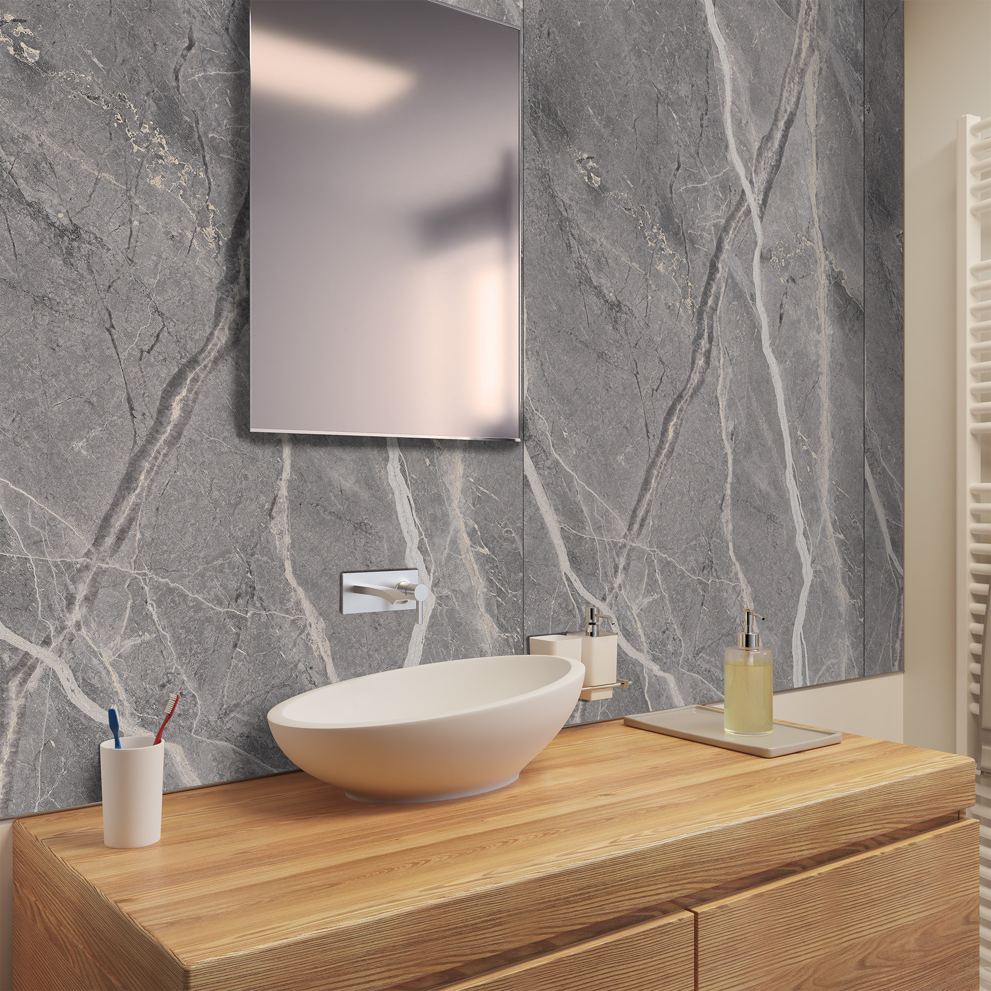 Duschrückwand Hochglanz Marmor Grau Beige Waschtisch