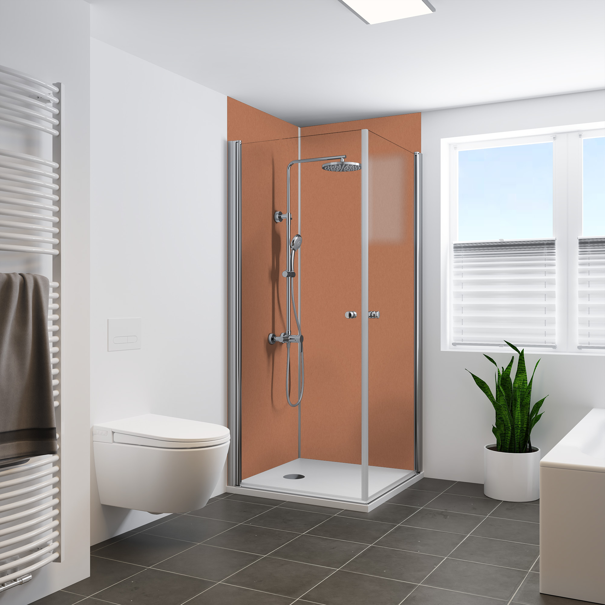 Seidenmatt Kupfer Metallic, Dusche in Ecke