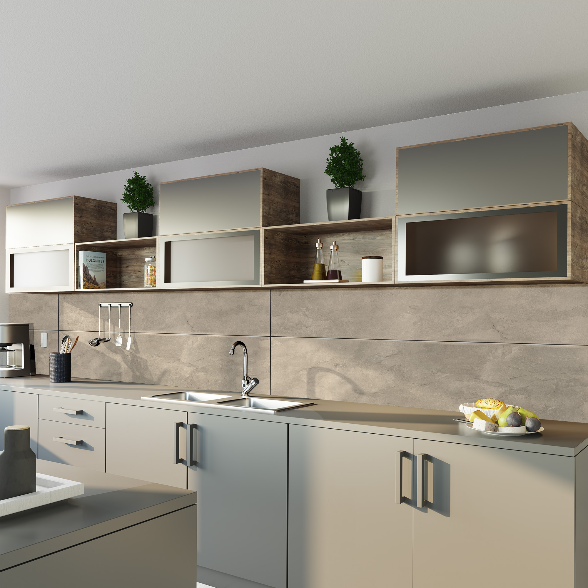 Rückwand, Große Fliese beige