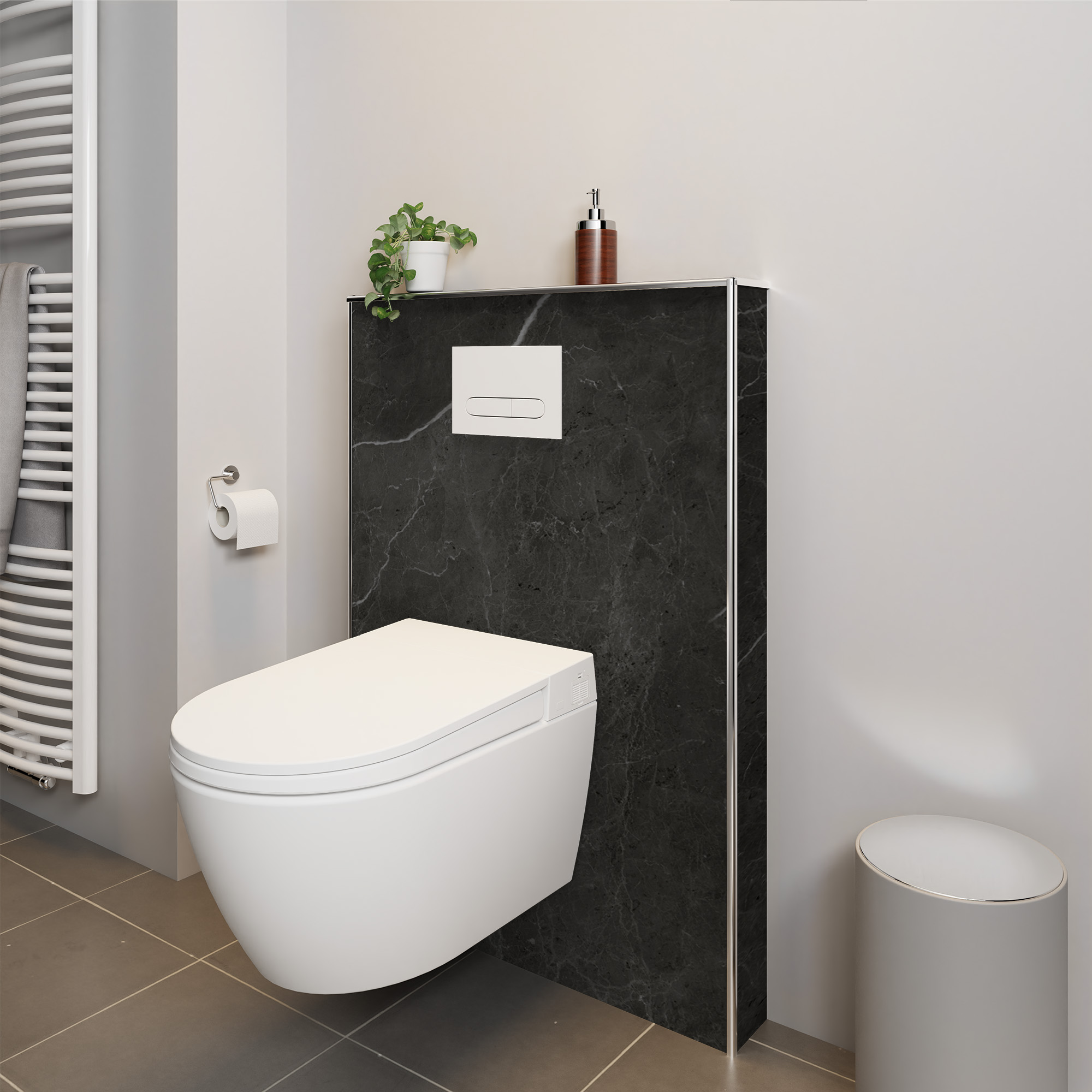 Seidenmatt Marmor Schwarz-Grau, WC mit Vorwand