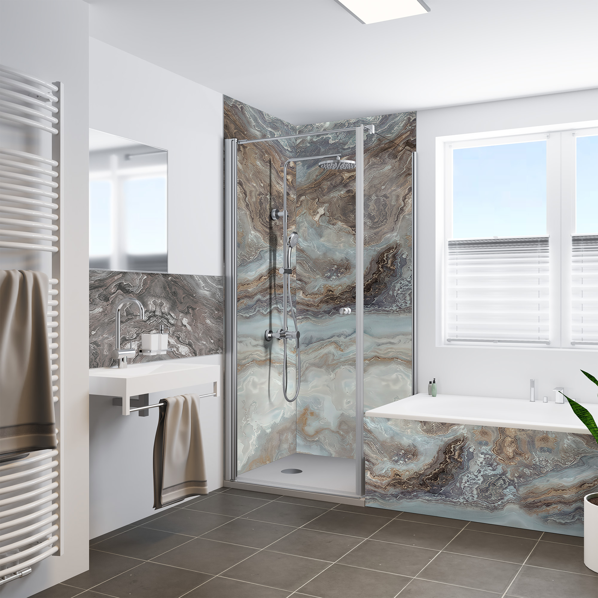 Duschrückwand Seidenmatt Marmor Achat Beige