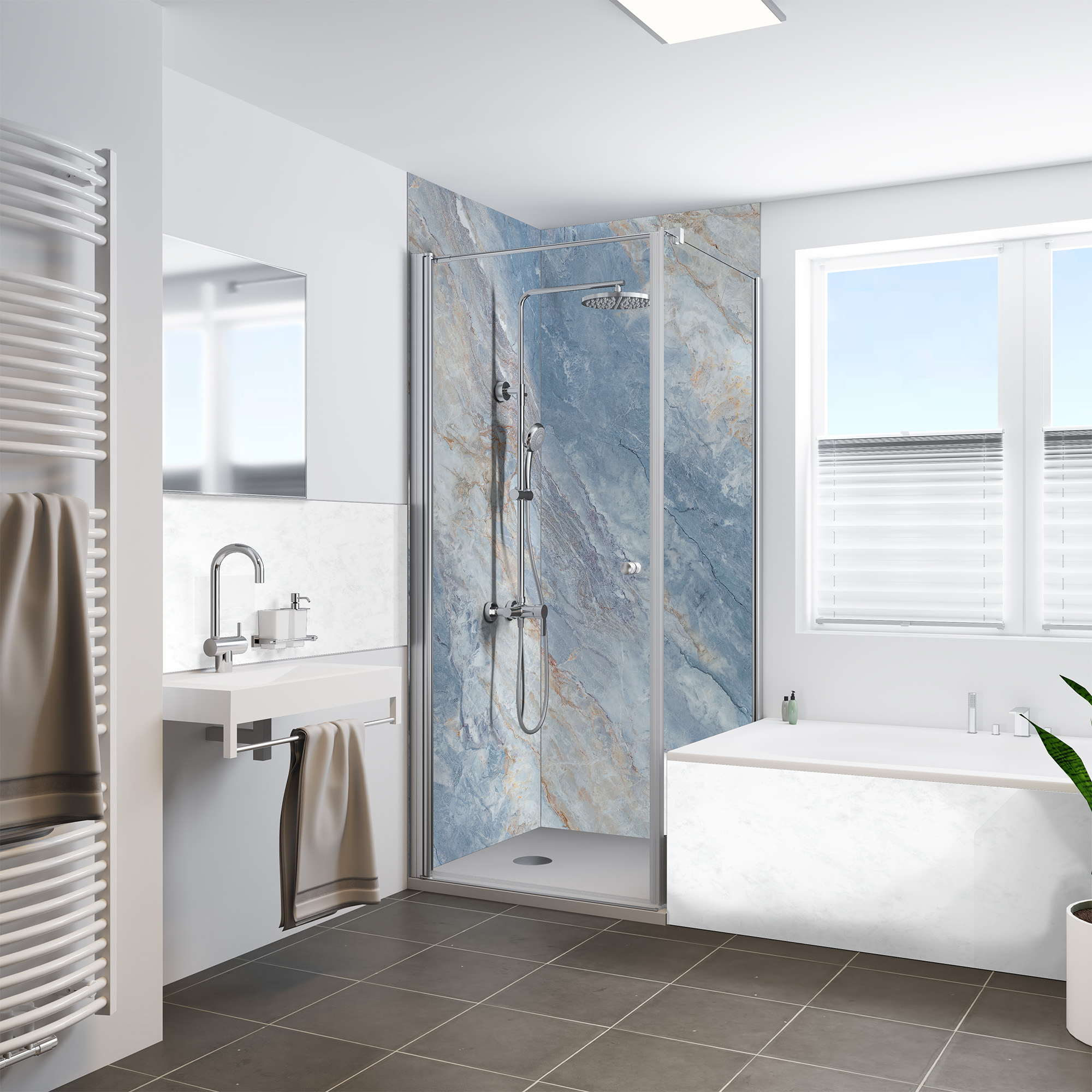 Duschrückwand Seidenmatt Marmor Blau Dusche+BSW