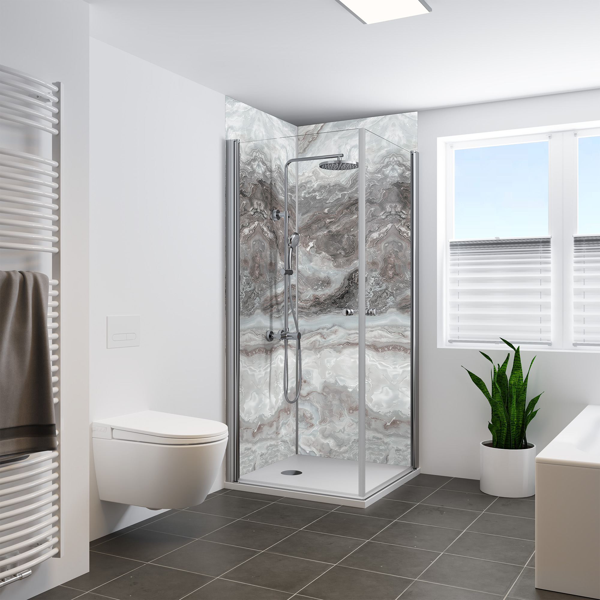 Duschrückwand Seidenmatt Marmor Achat Grau Eckeinstieg