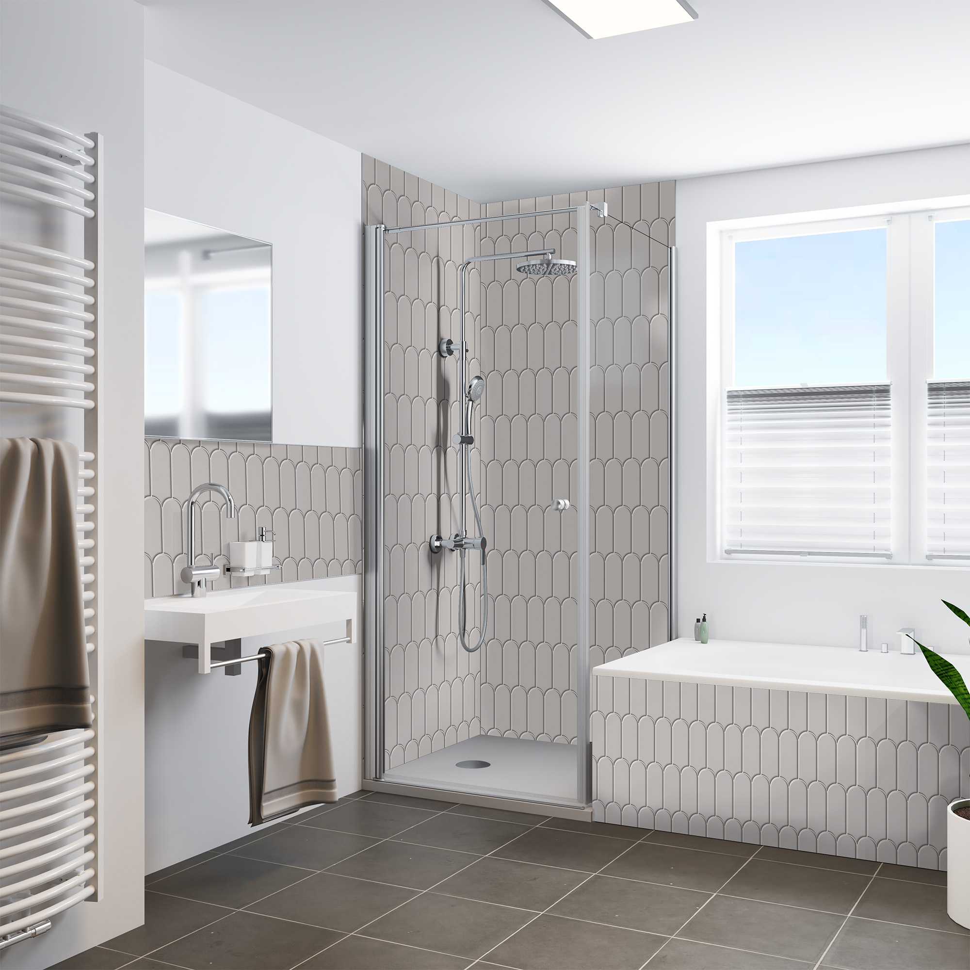 Duschrückwand Hochglanz Bogenmosaik Grau